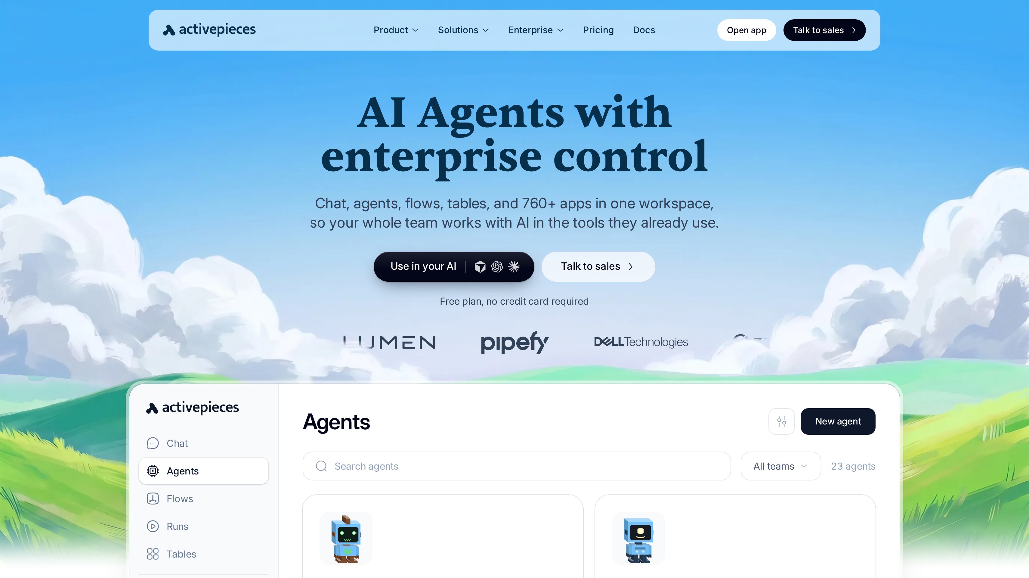 Activepieces homepage showing its AI agents workspace