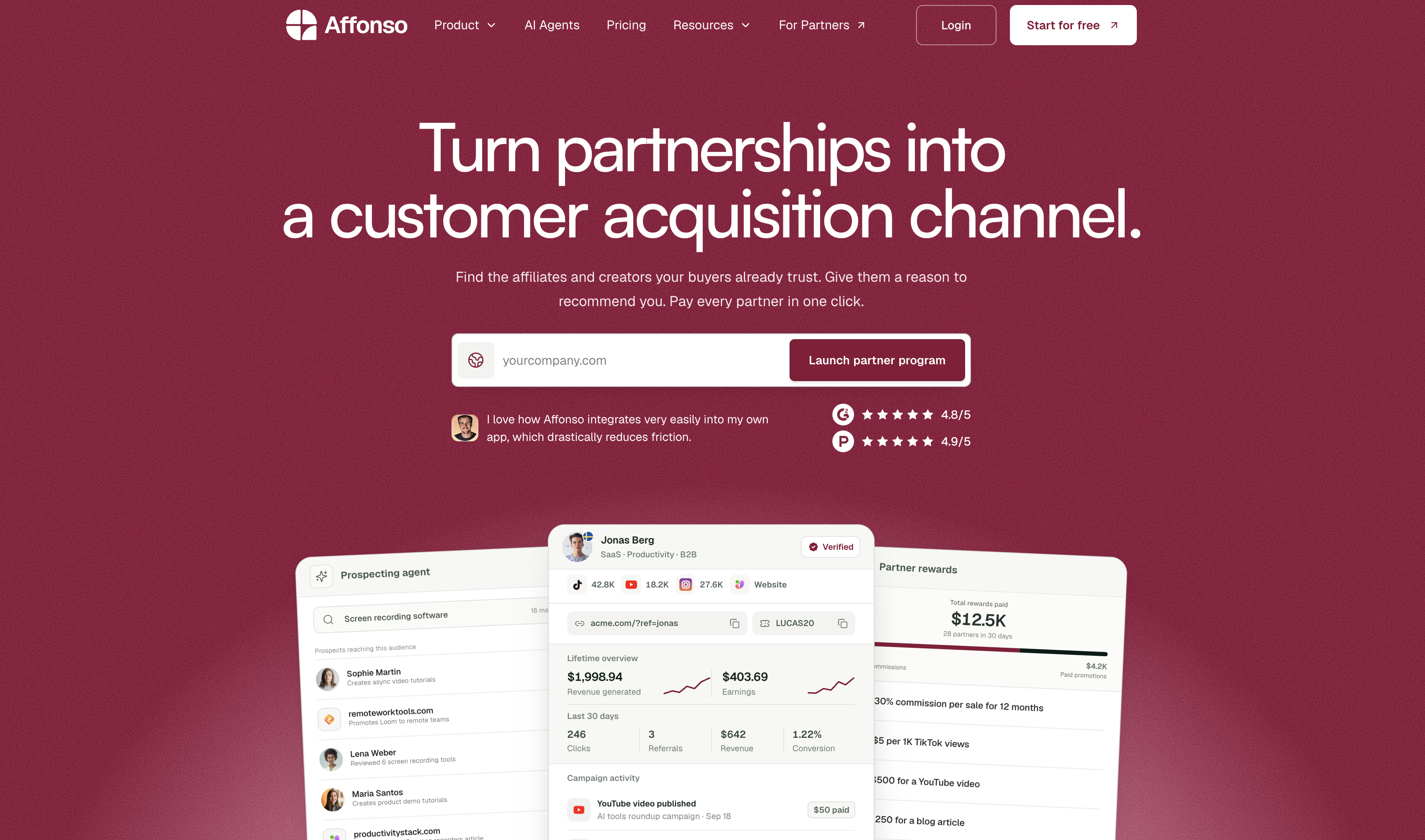 Affonso homepage showing partner discovery and referral rewards