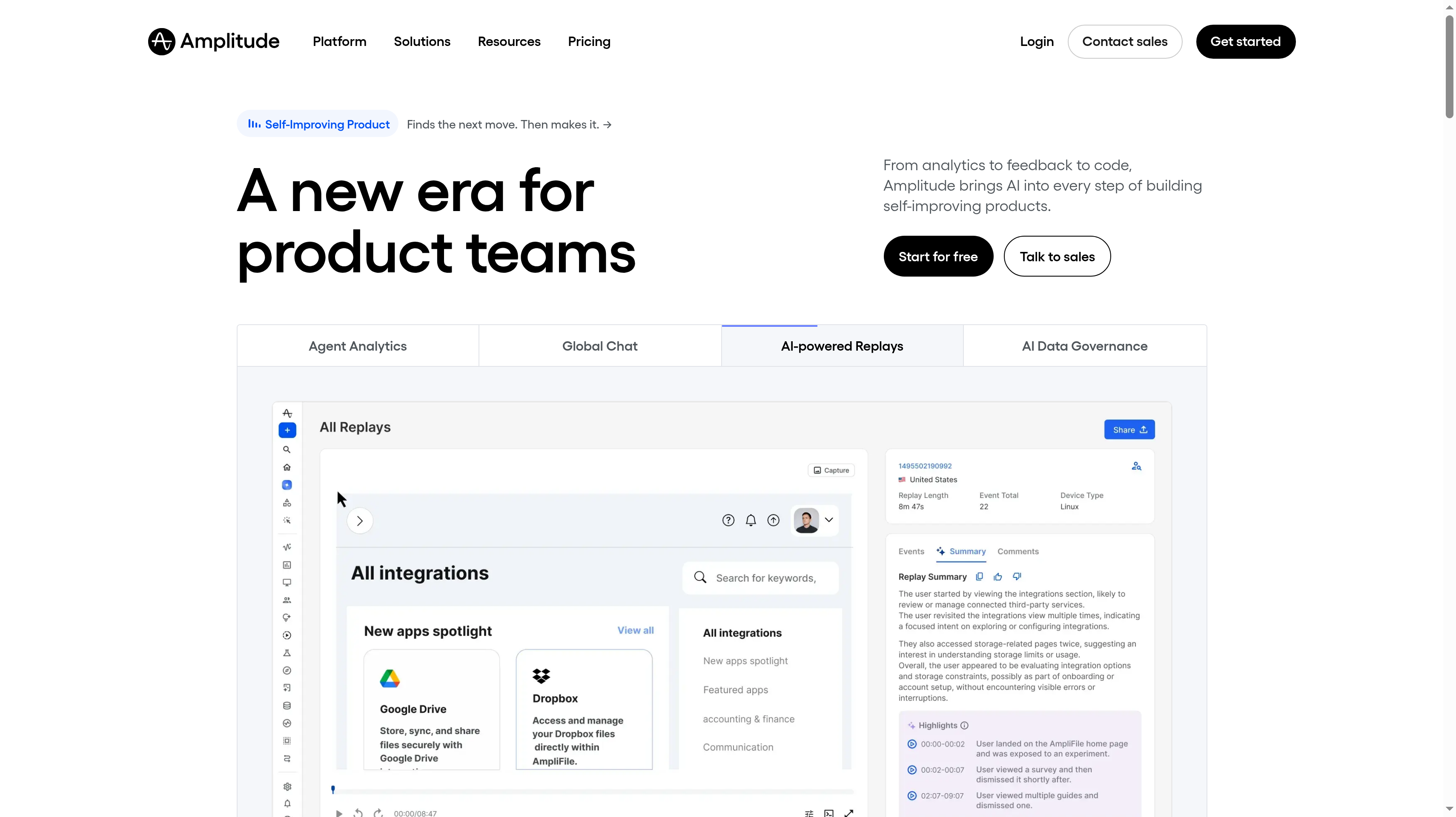 Amplitude homepage showing its new era for product teams hero