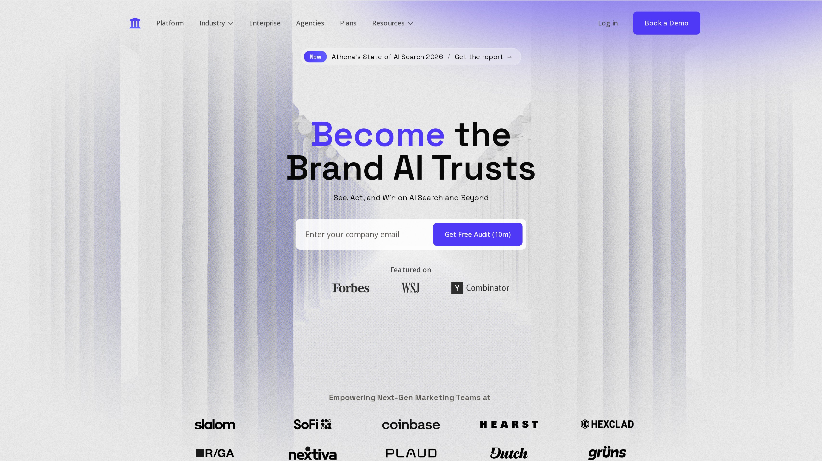 AthenaHQ homepage showing its become the brand AI trusts hero