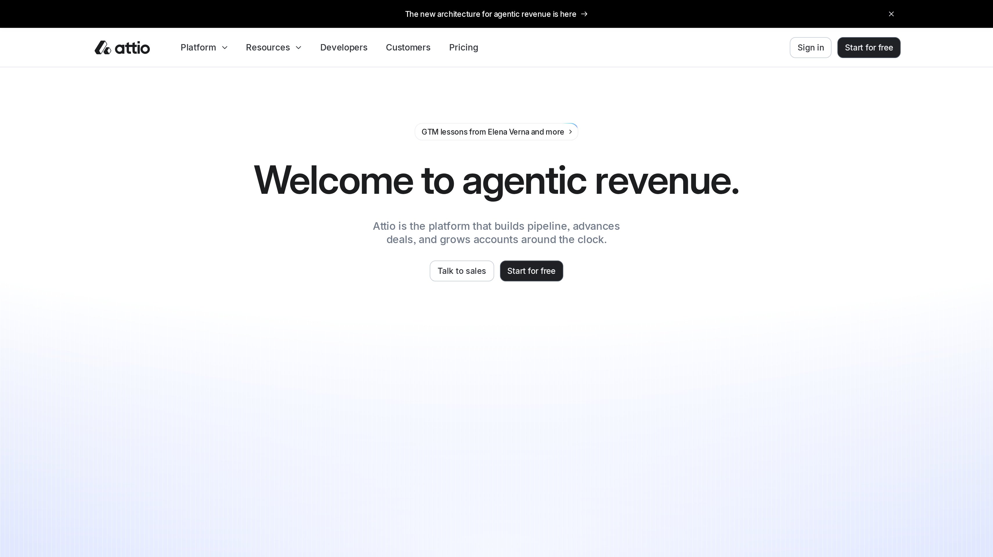 Attio homepage showing its welcome to agentic revenue hero