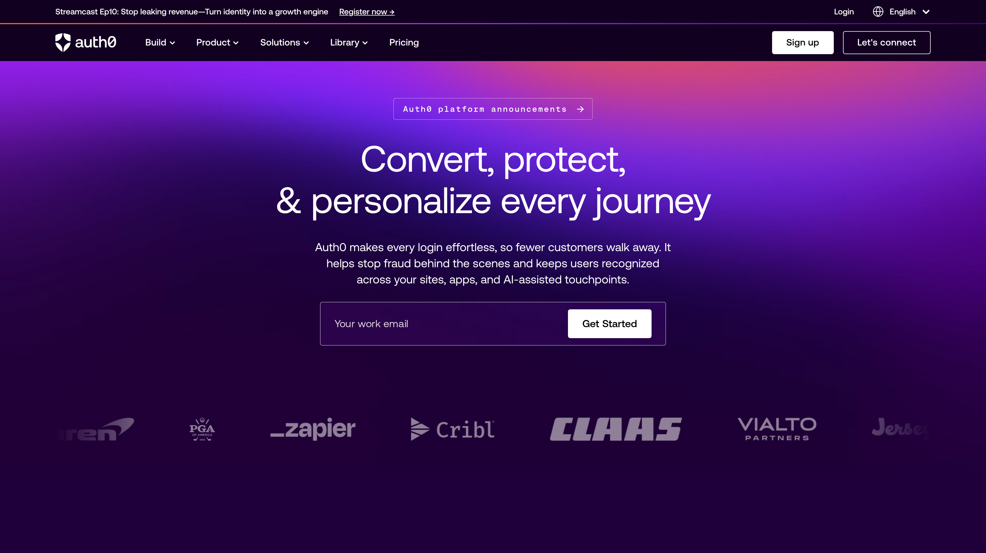 Auth0 homepage showing its convert, protect and personalize every journey hero
