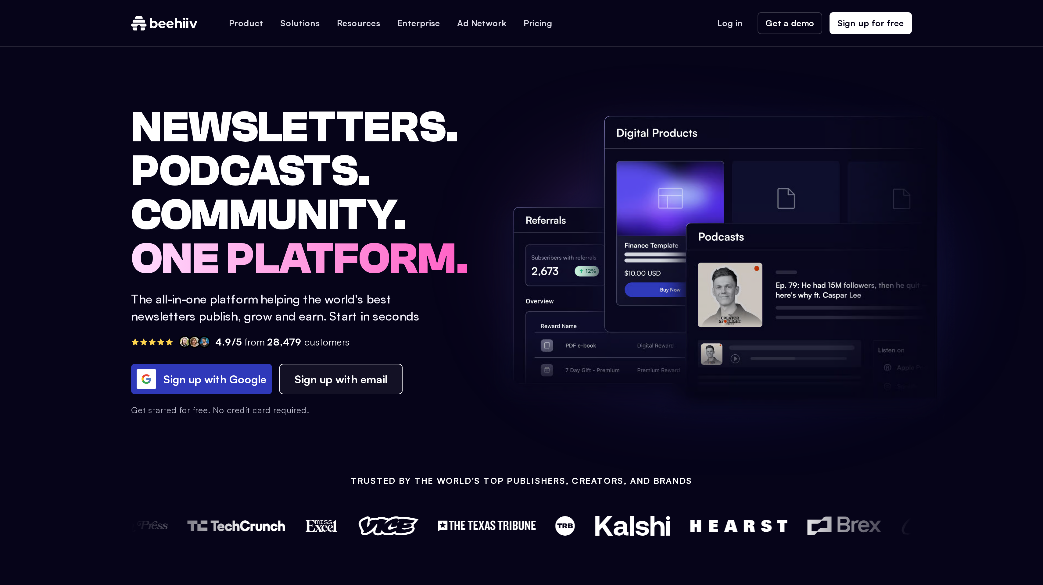 beehiiv homepage showing its newsletters, podcasts and community hero