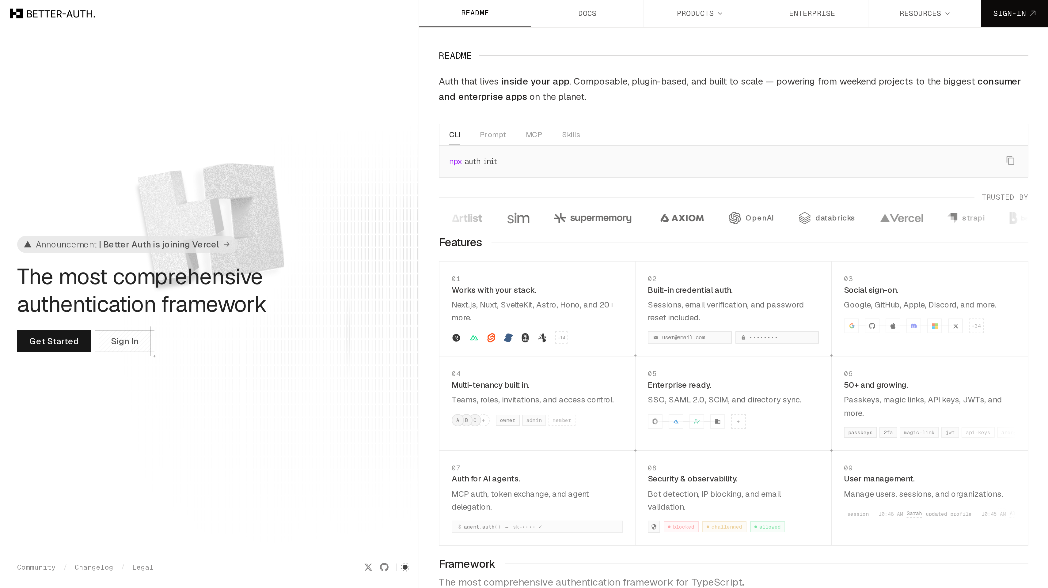Better Auth homepage showing its comprehensive authentication framework hero