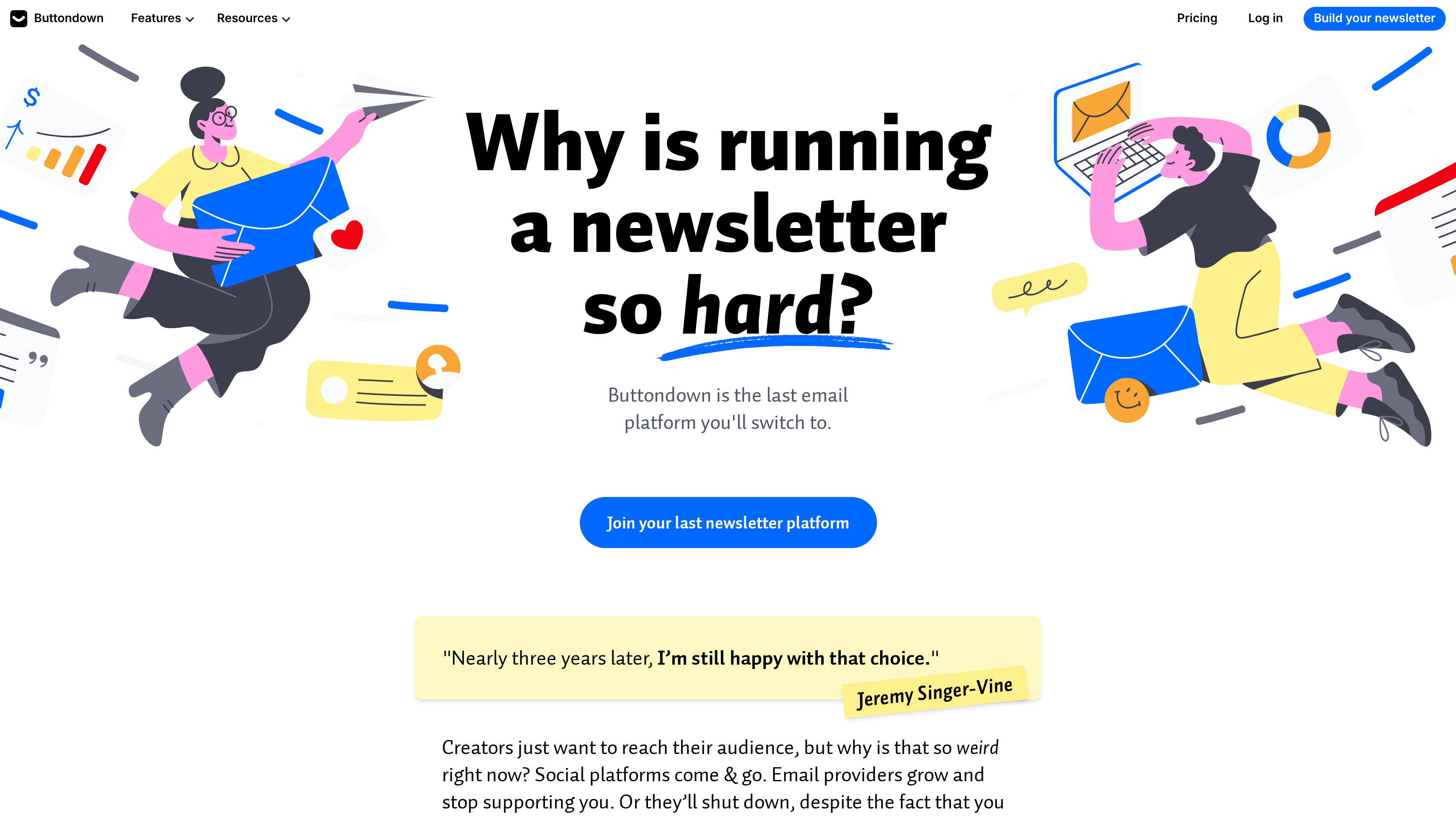 Buttondown homepage asking why running a newsletter is so hard