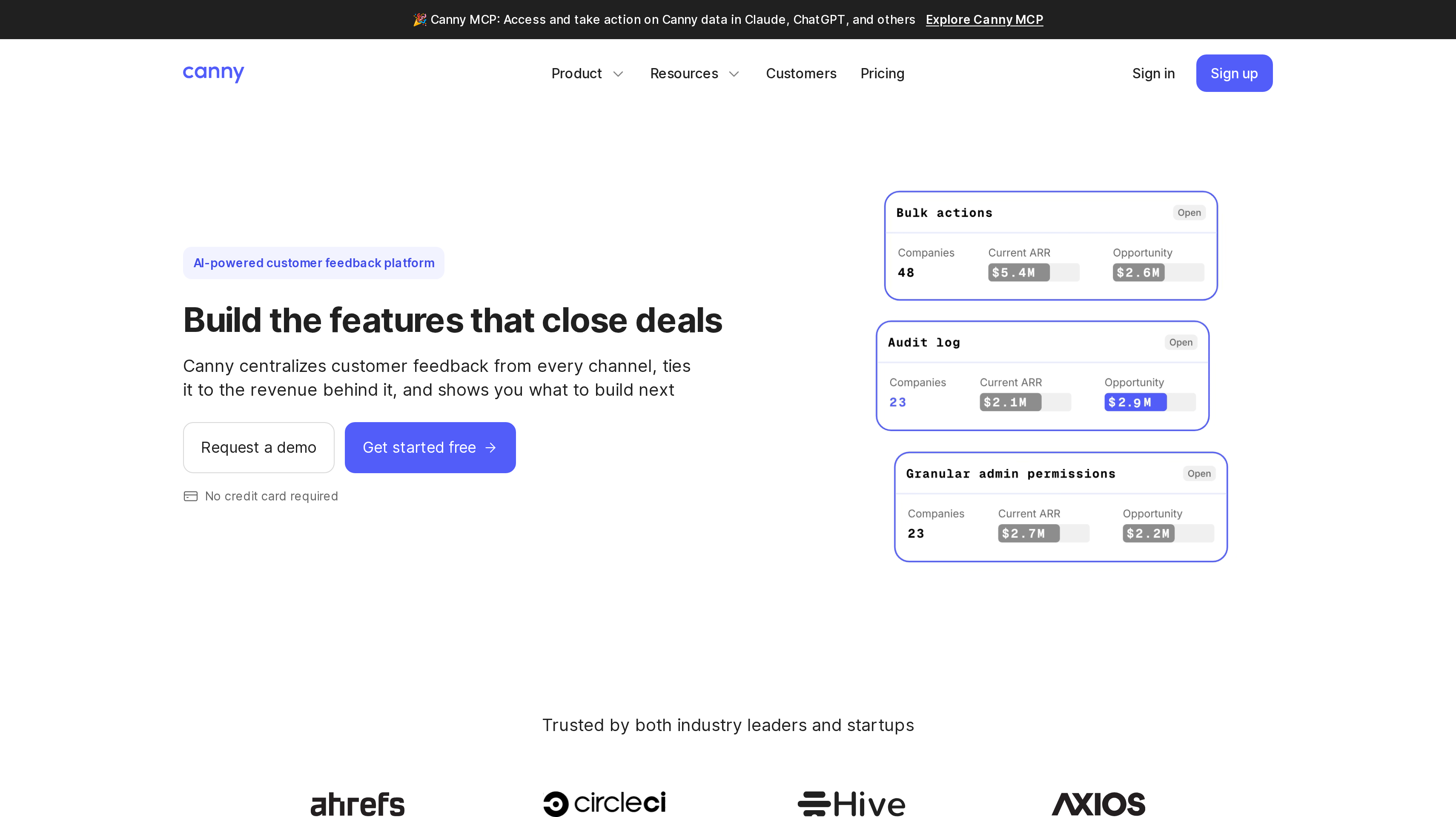 Canny homepage showing its build the features that close deals hero
