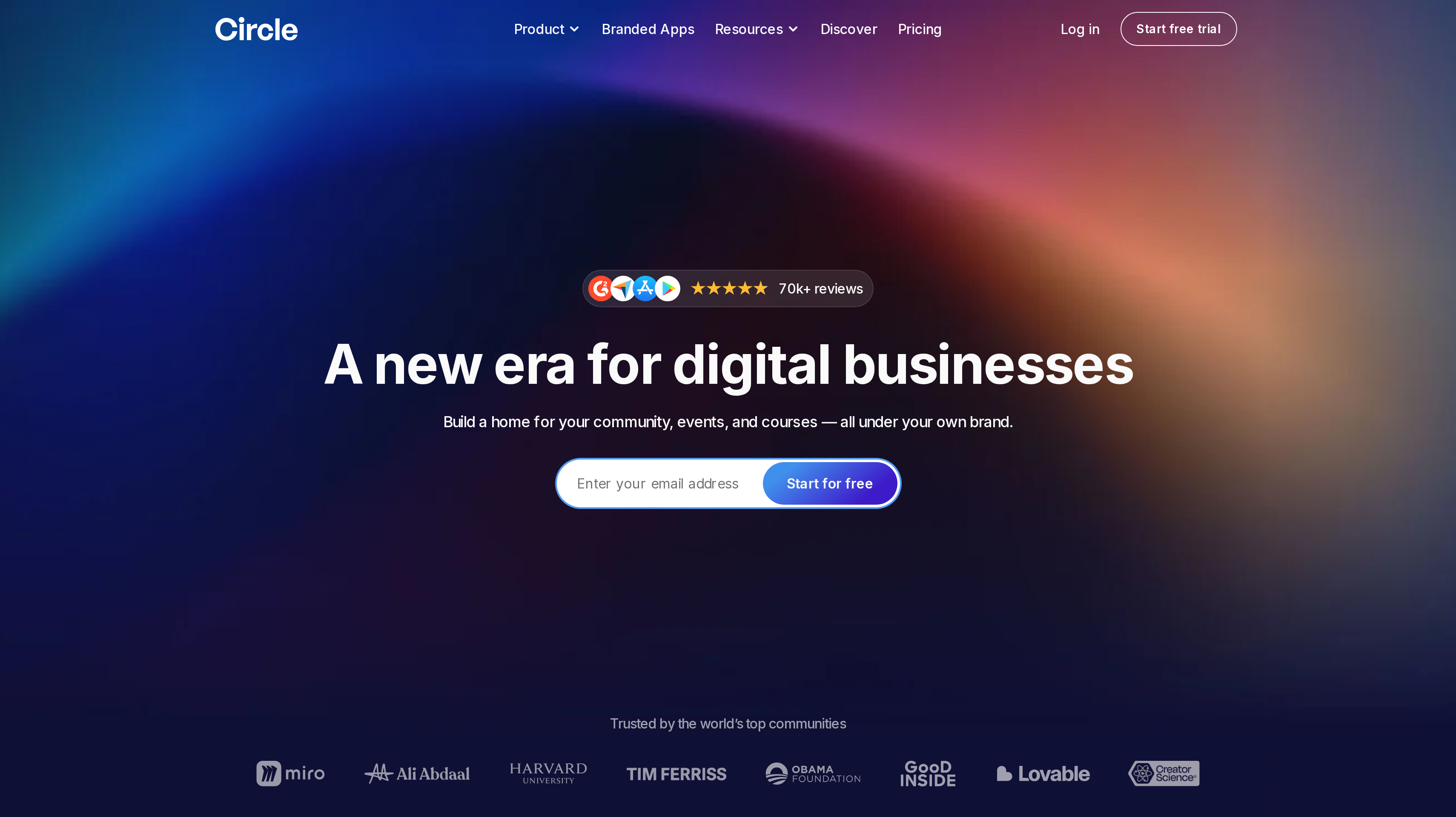 Circle homepage showing its a new era for digital businesses hero