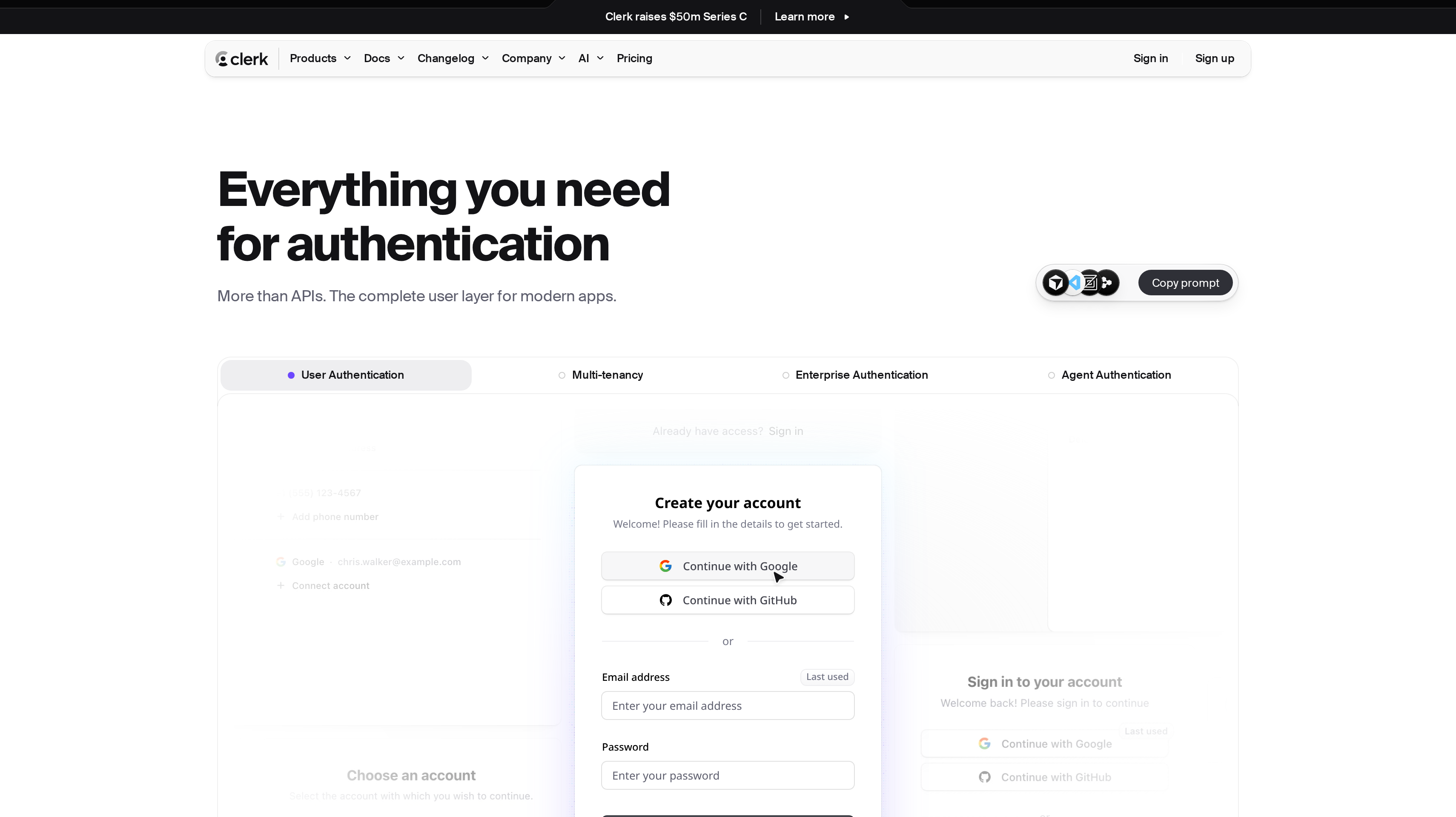 Clerk homepage showing its everything you need for authentication hero