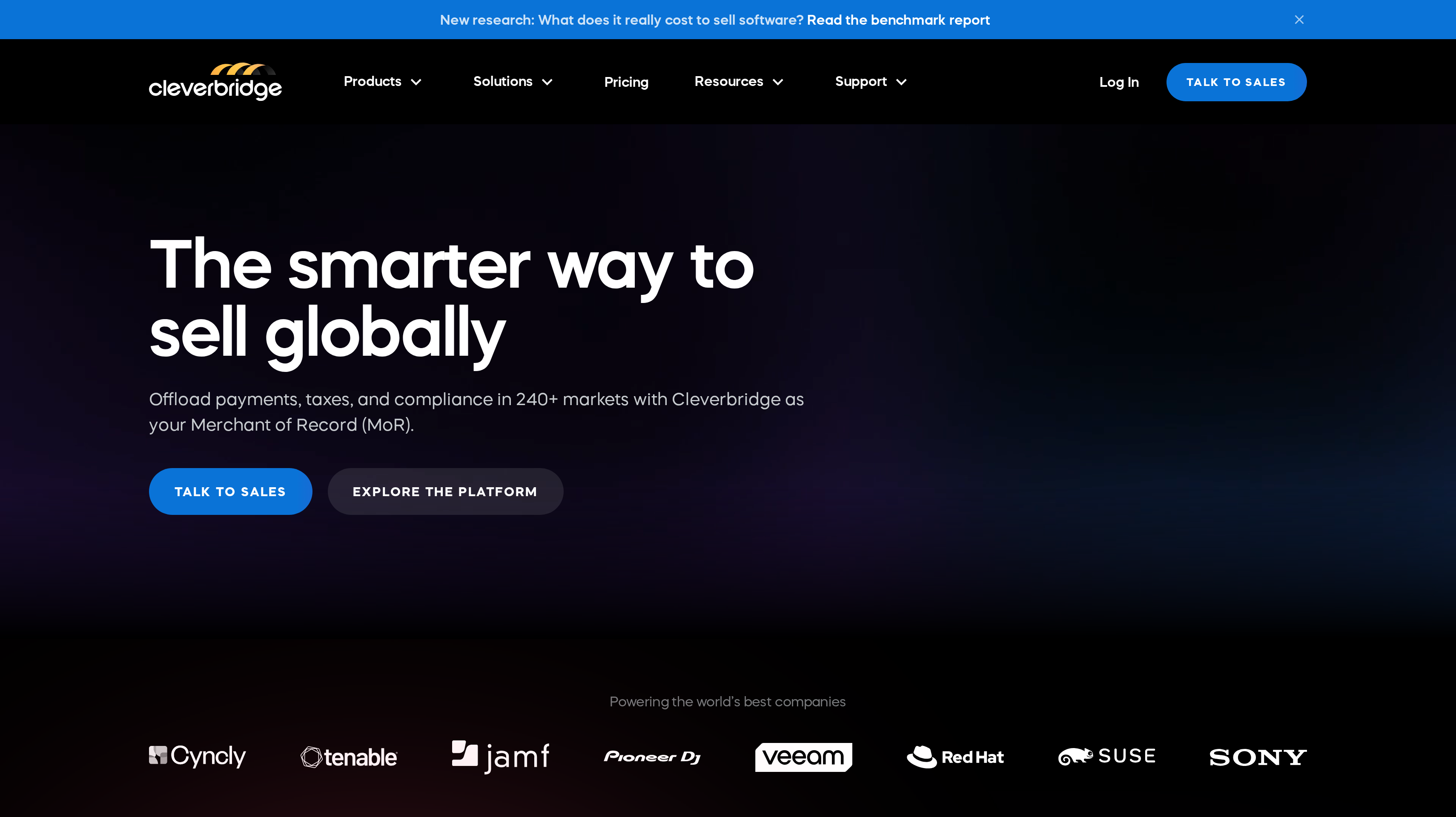 Cleverbridge homepage showing its smarter way to sell globally hero