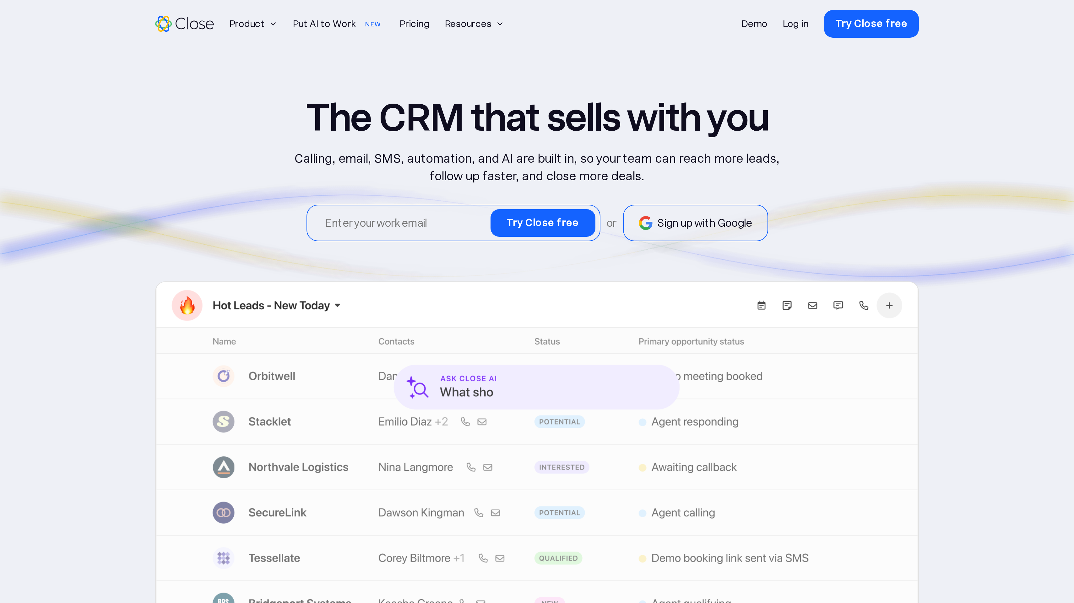 Close homepage showing its the CRM that sells with you hero