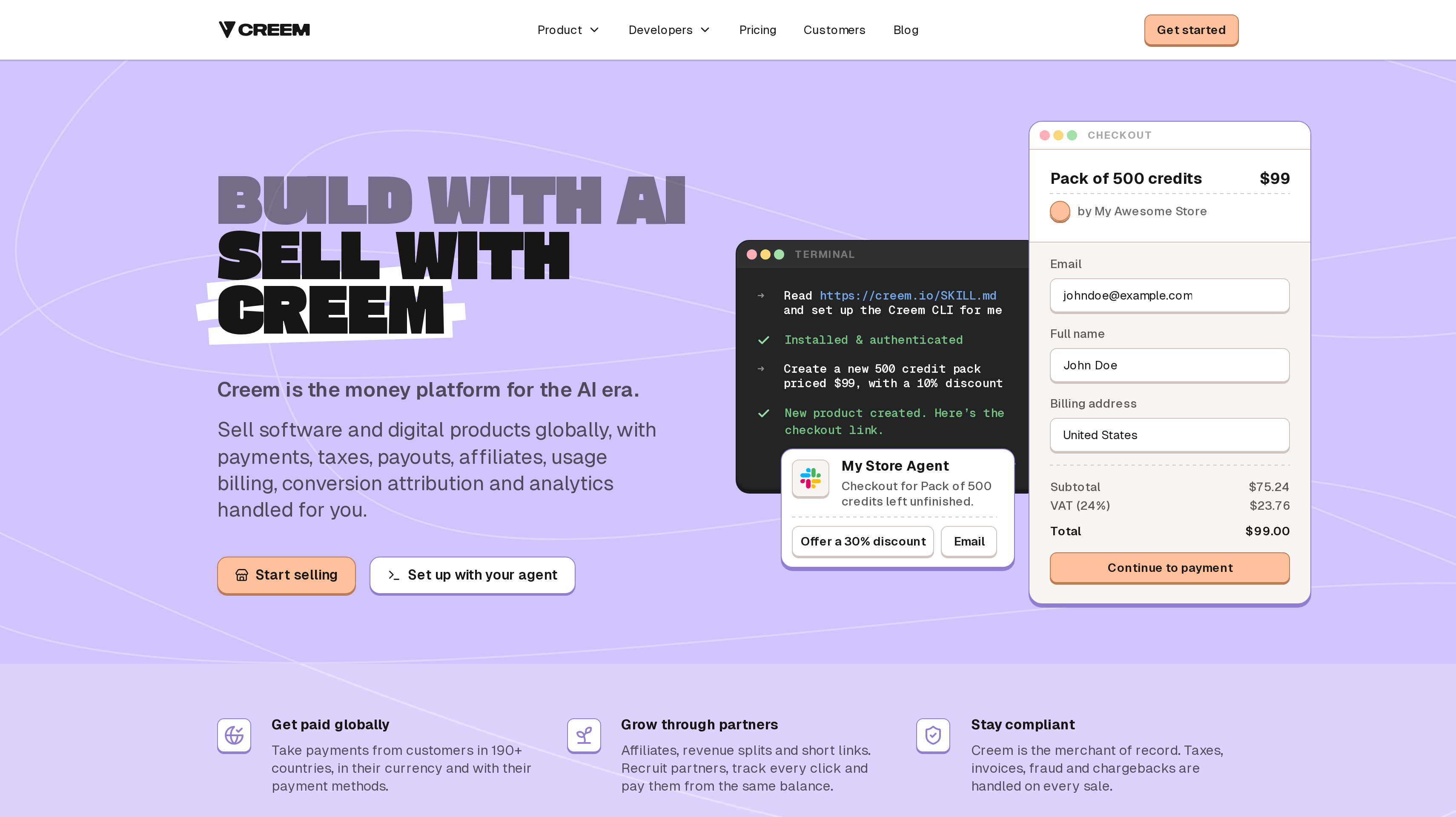 Creem homepage showing its build with AI and sell with Creem hero