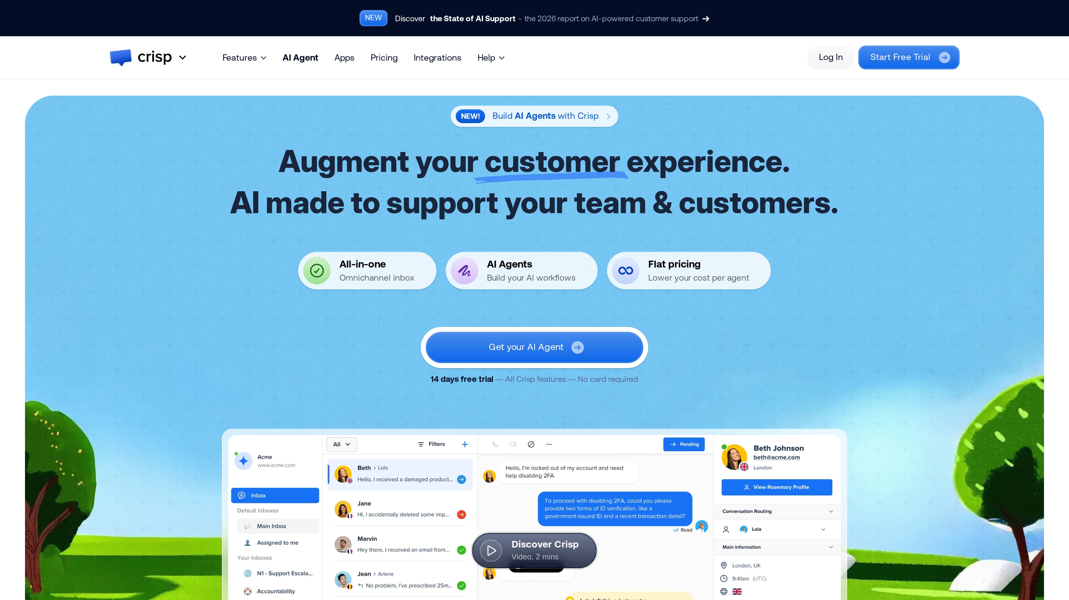 Crisp homepage showing its augment your customer experience hero