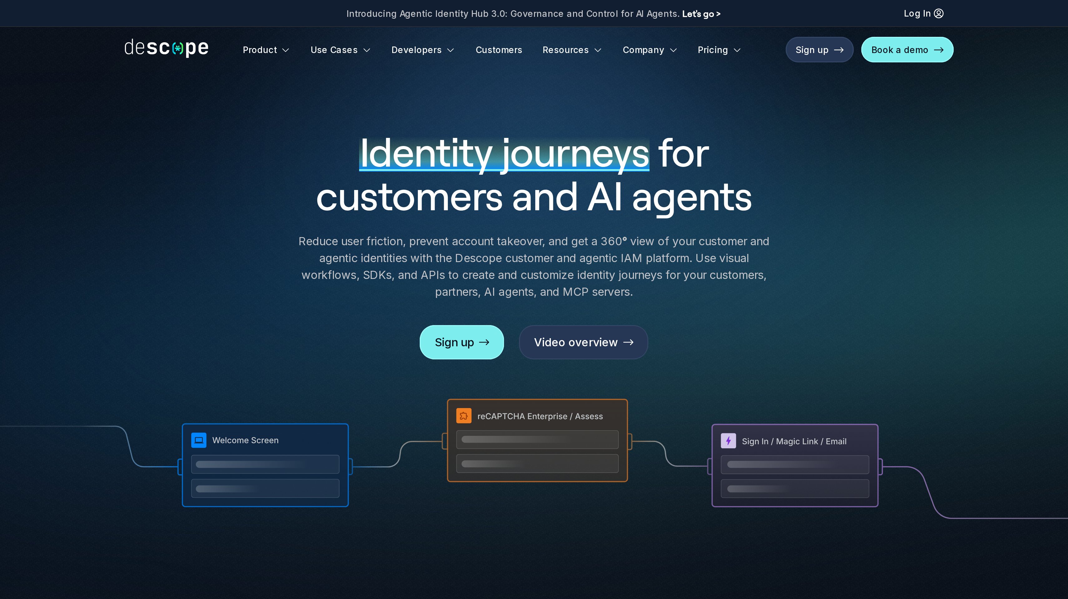 Descope homepage showing its identity journeys for customers and AI agents hero