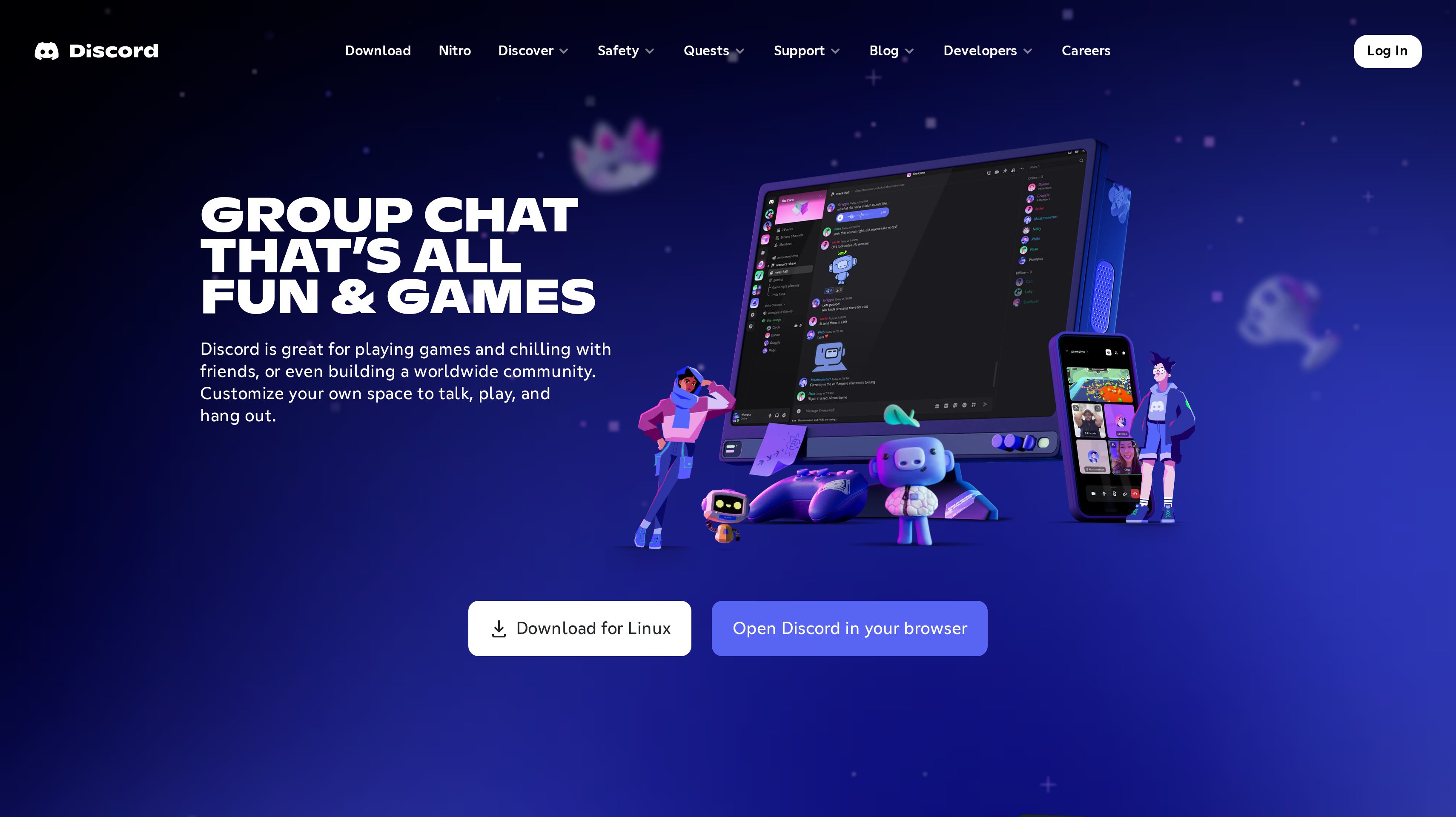 Discord homepage showing its group chat that's all fun and games hero