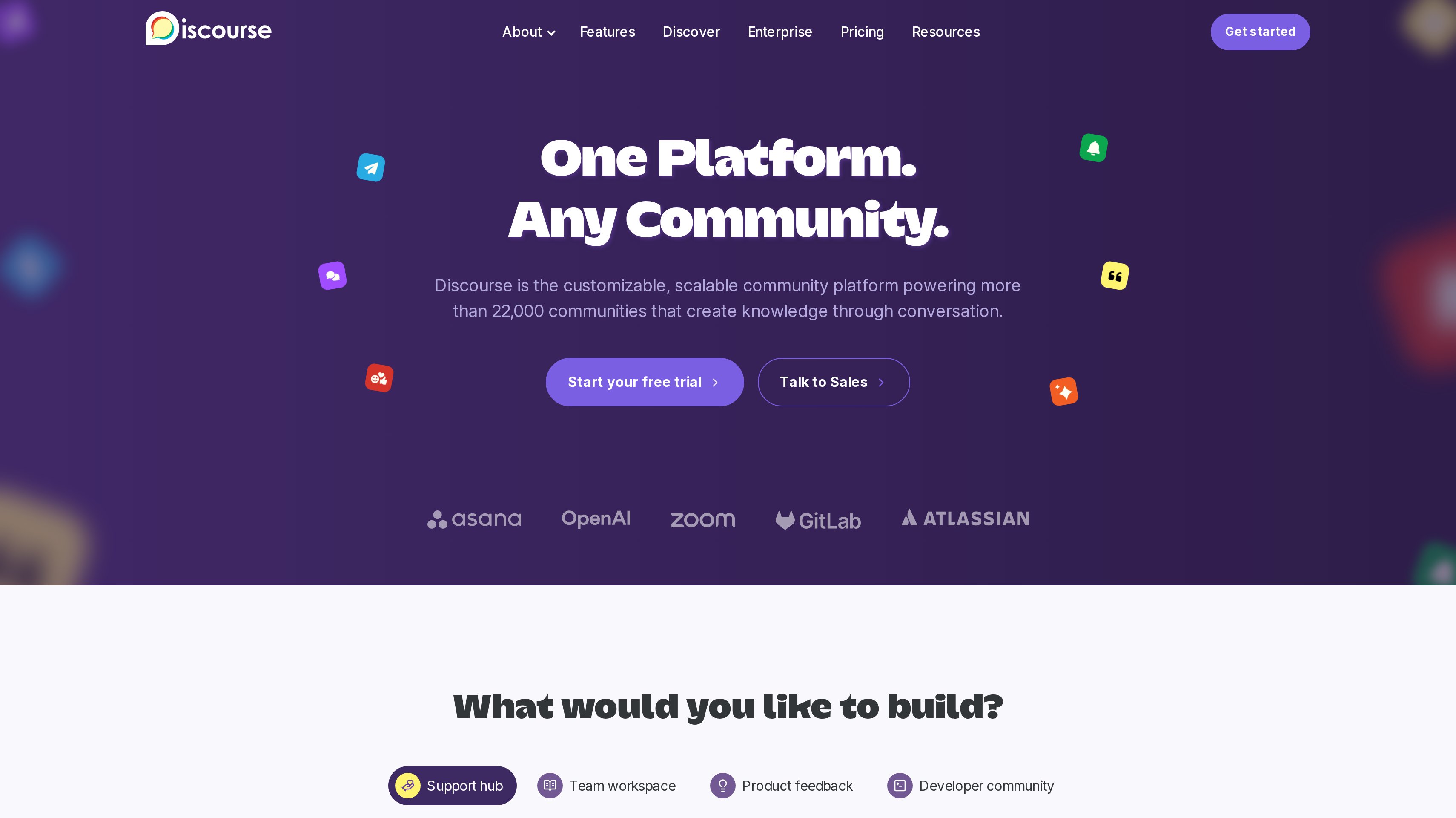 Discourse homepage showing its one platform, any community hero