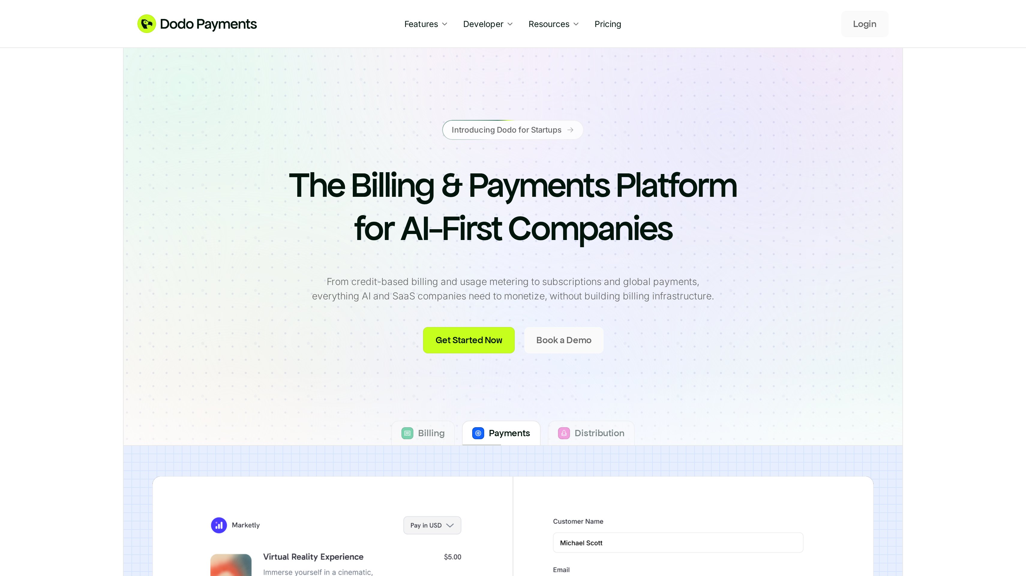 Dodo Payments homepage showing its billing and payments platform for AI-first companies hero