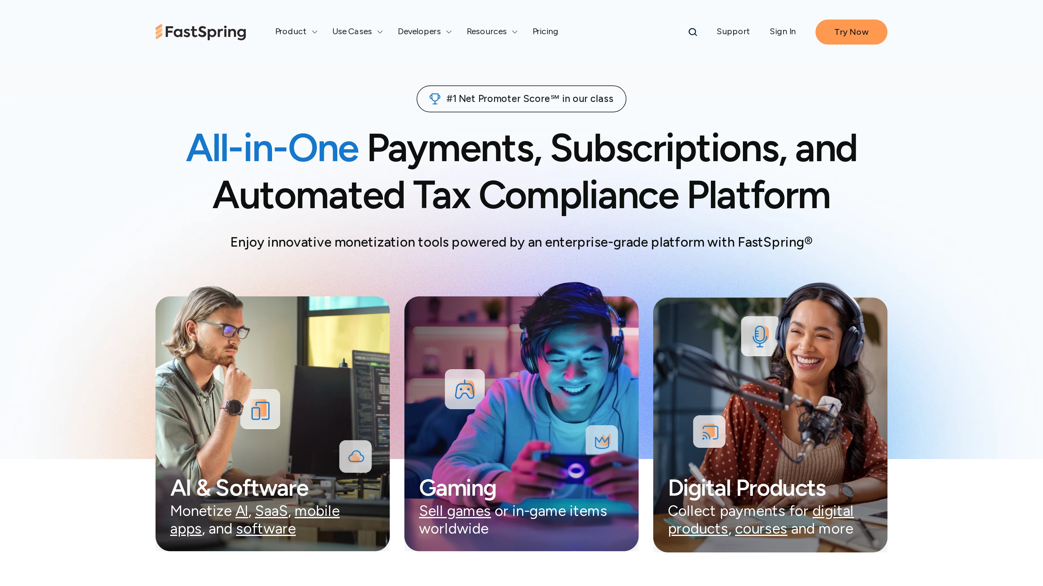 FastSpring homepage showing its all-in-one payments, subscriptions, and automated tax compliance platform hero