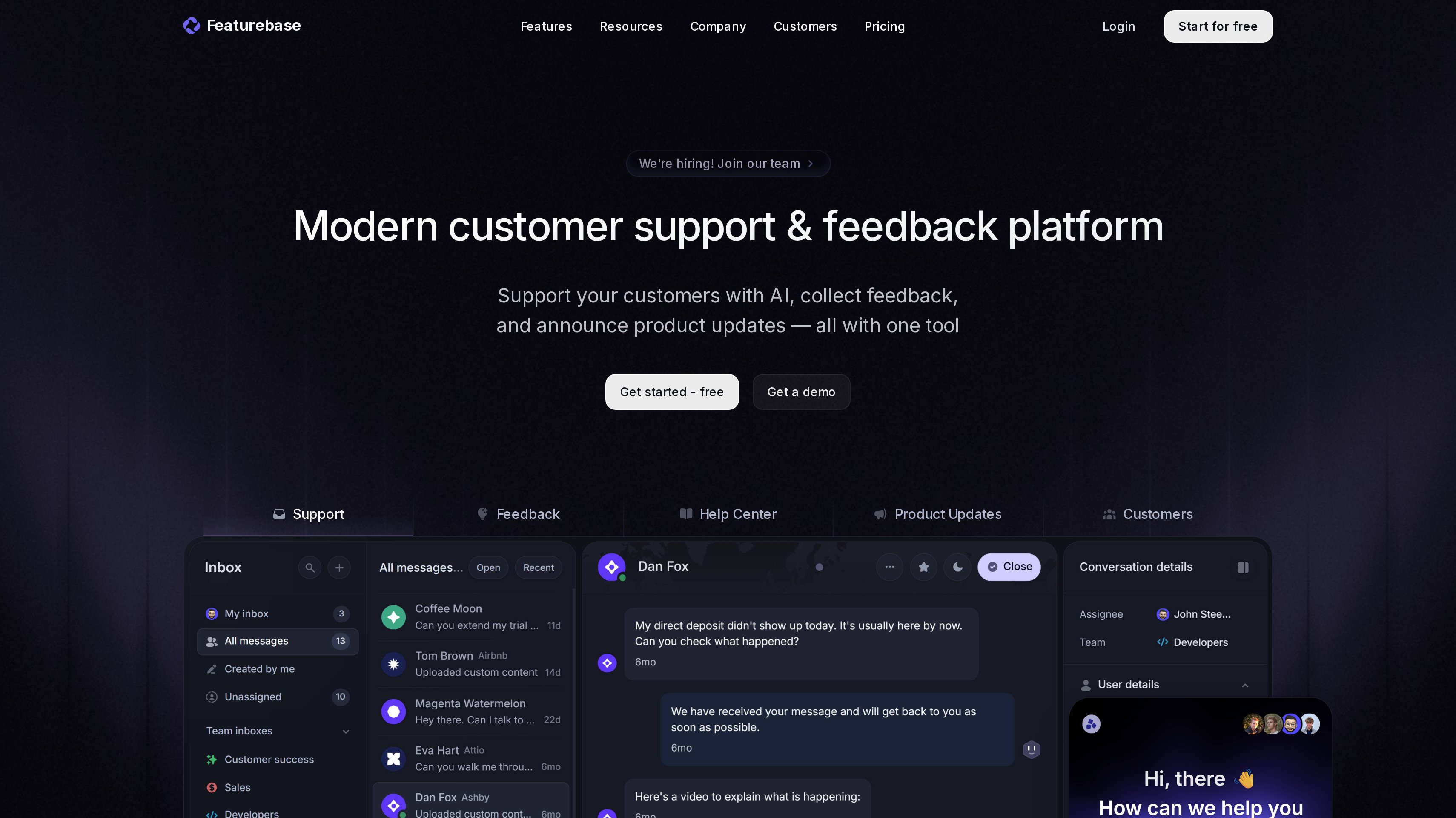 Featurebase homepage presenting its customer support and feedback platform