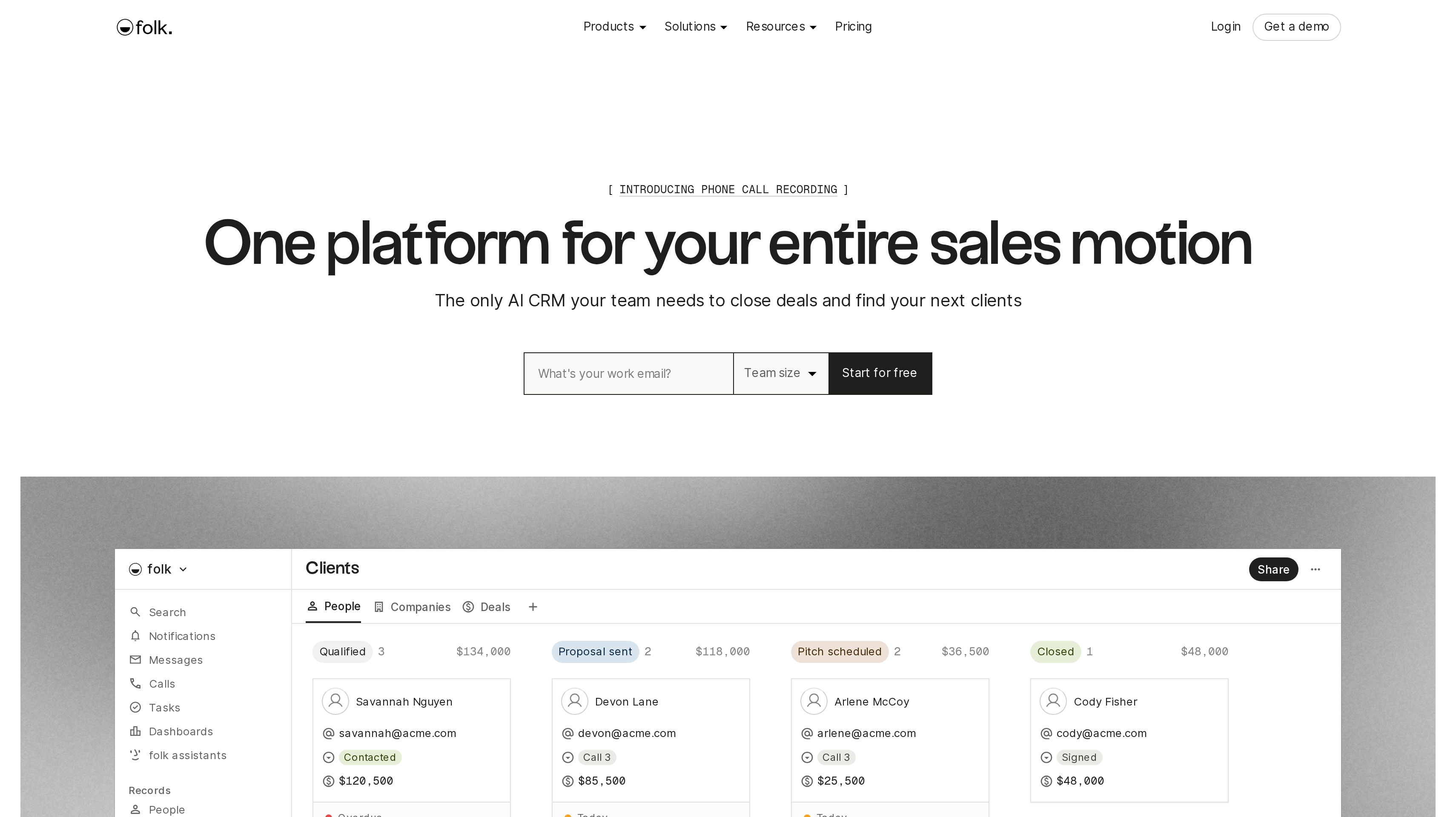 folk homepage showing its one platform for your entire sales motion hero