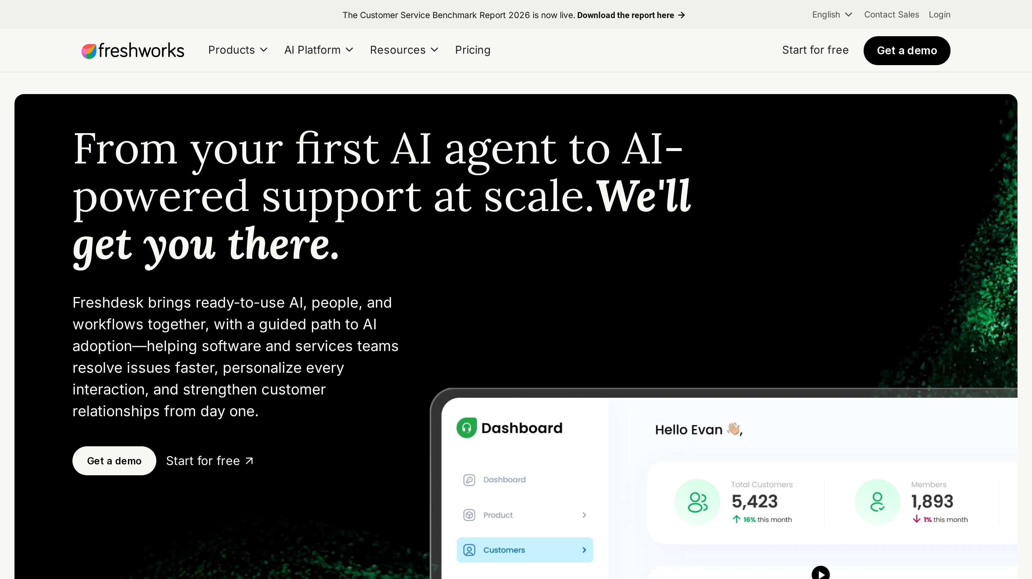 Freshdesk homepage showing its from your first AI agent to AI-powered support at scale hero