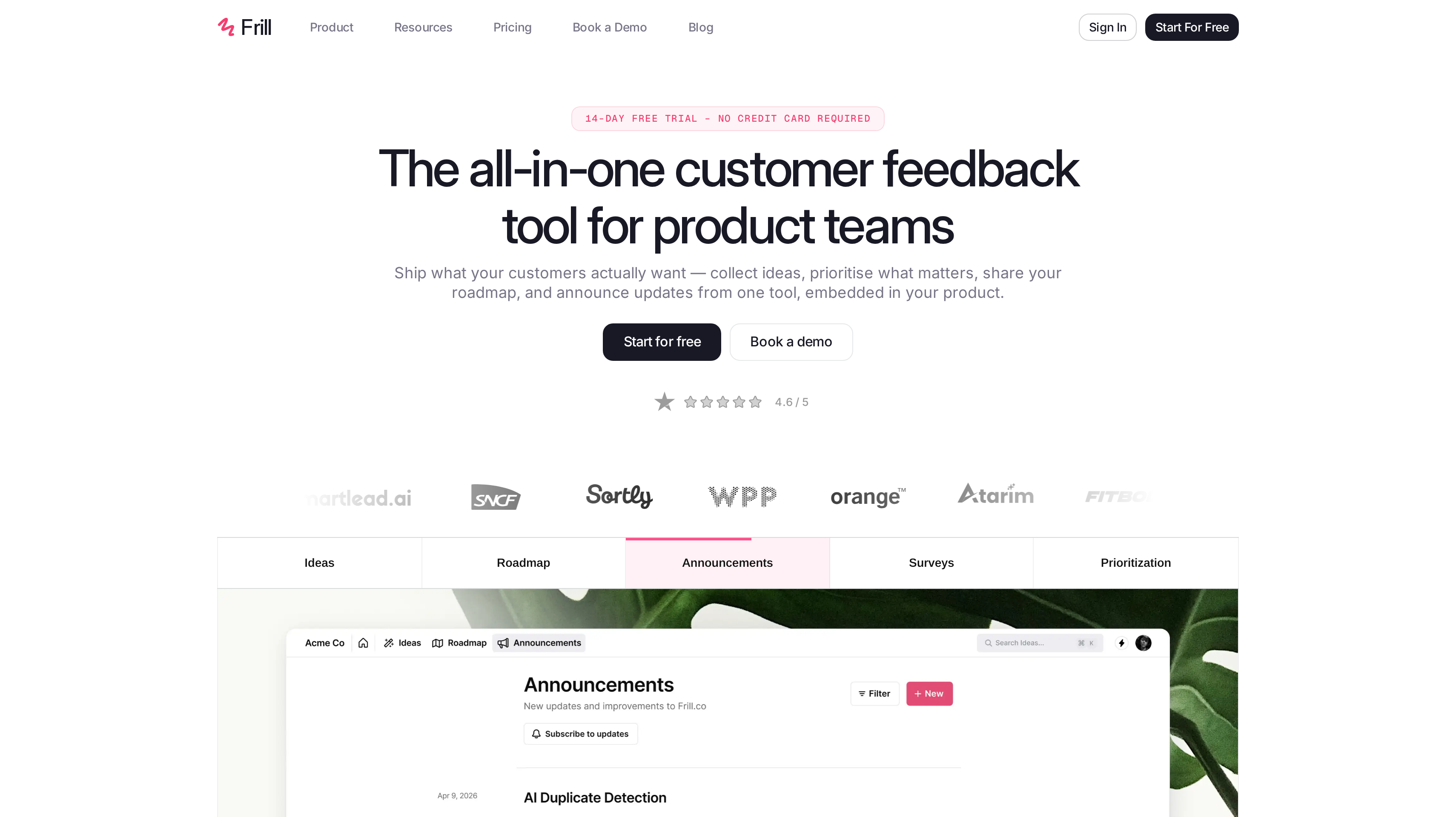 Frill homepage showing its all-in-one customer feedback tool for product teams