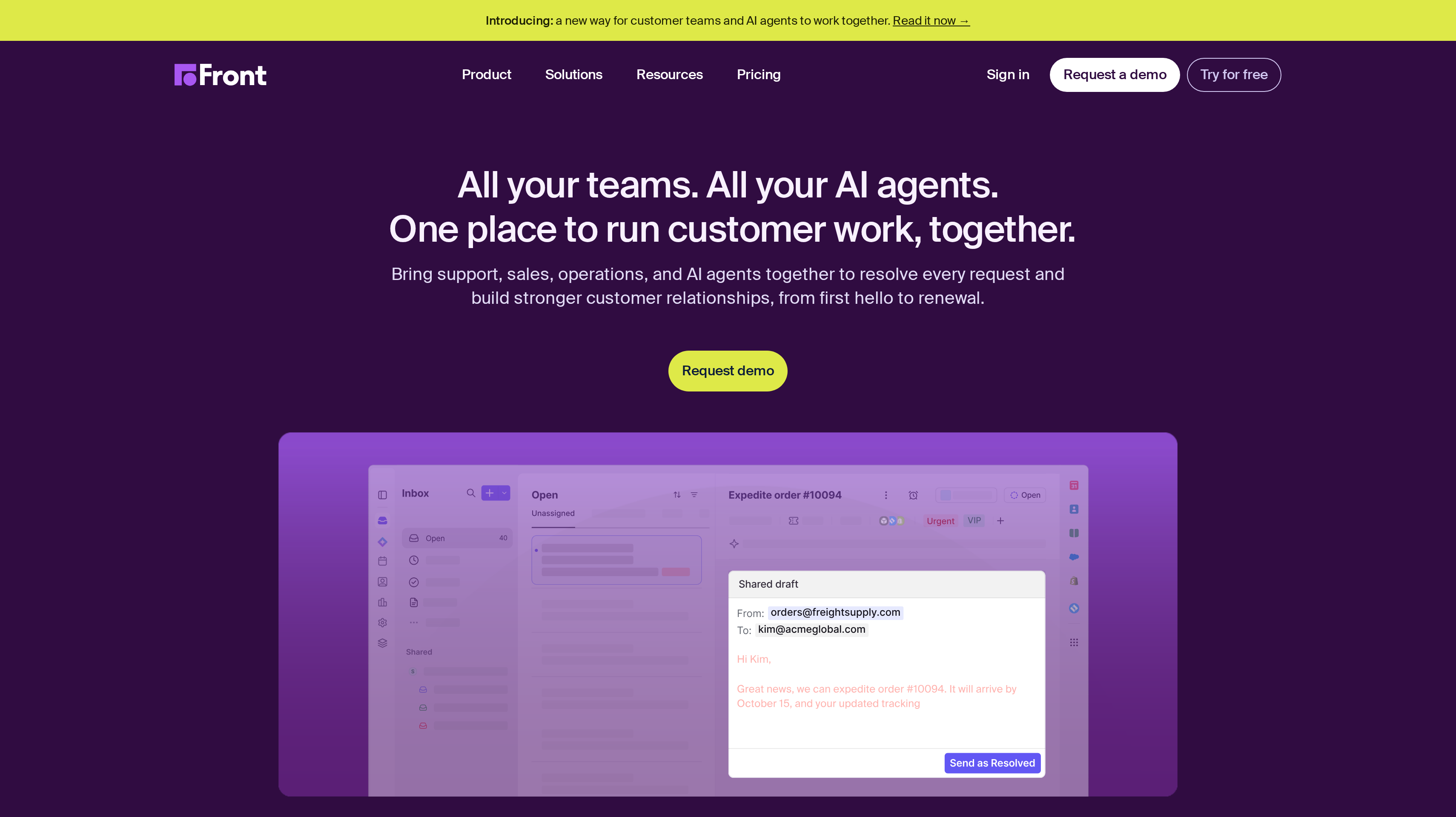 Front homepage showing its all your teams, all your AI agents hero
