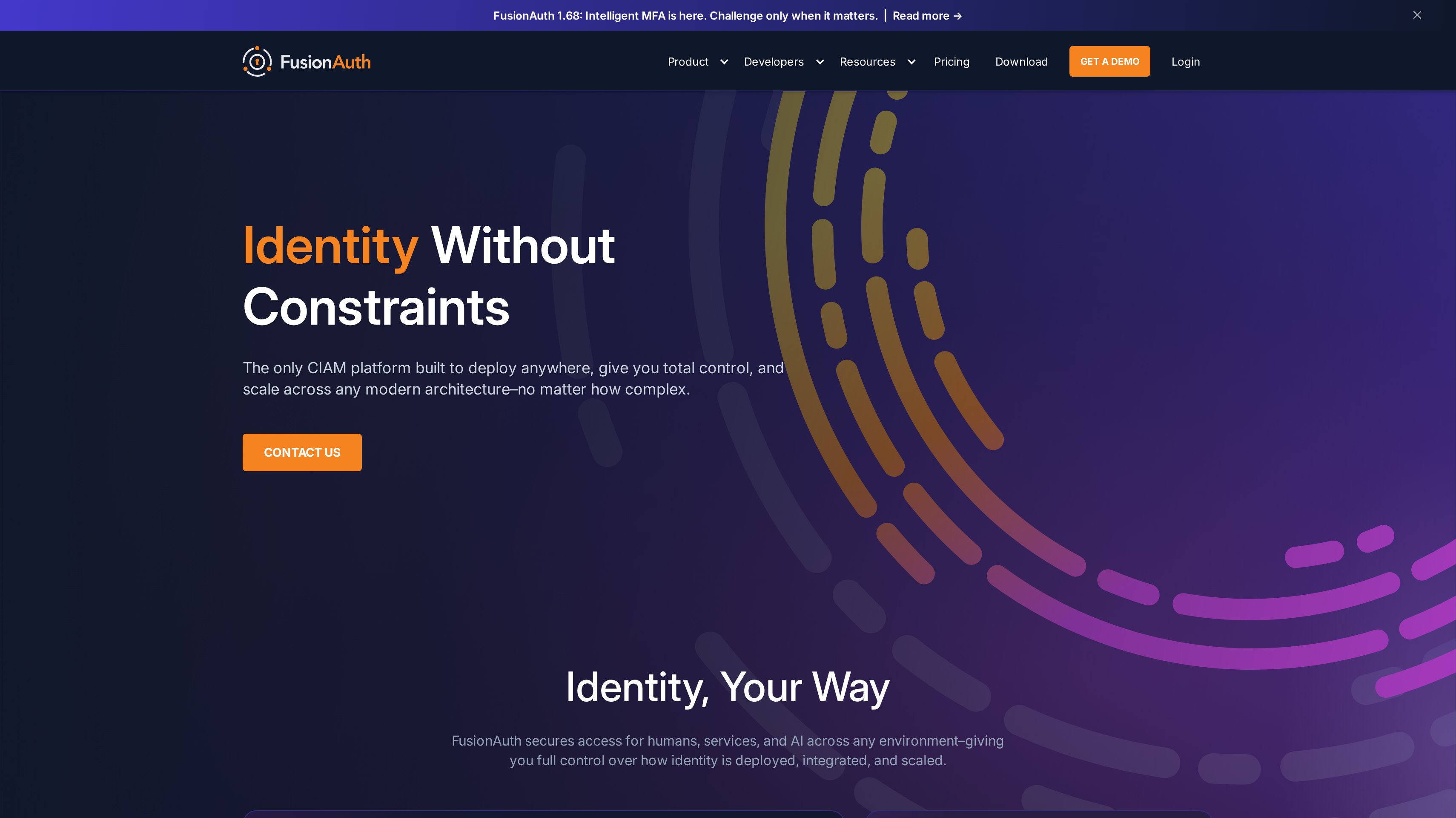 FusionAuth homepage showing its identity without constraints hero