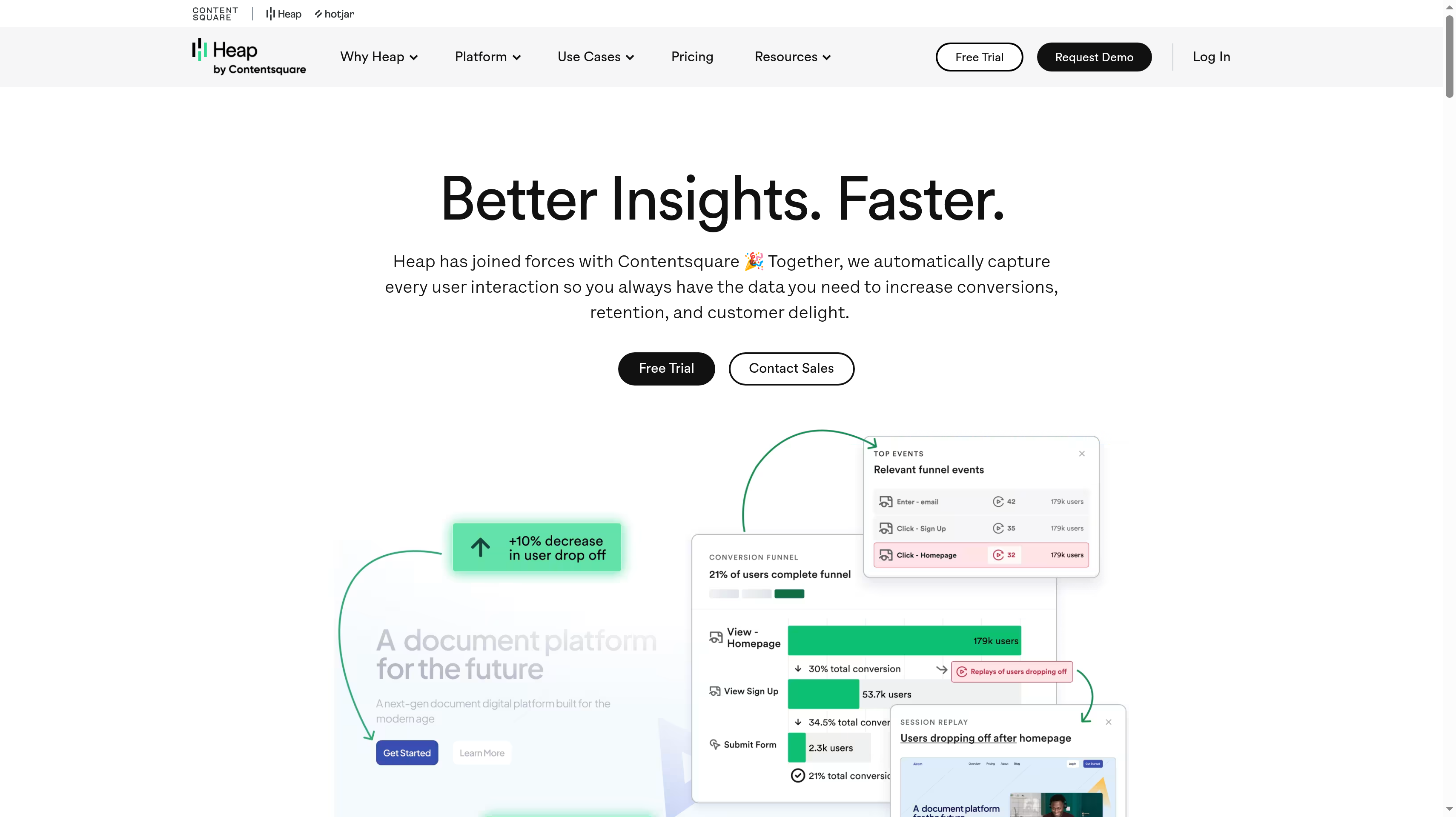Heap homepage showing its better insights faster hero