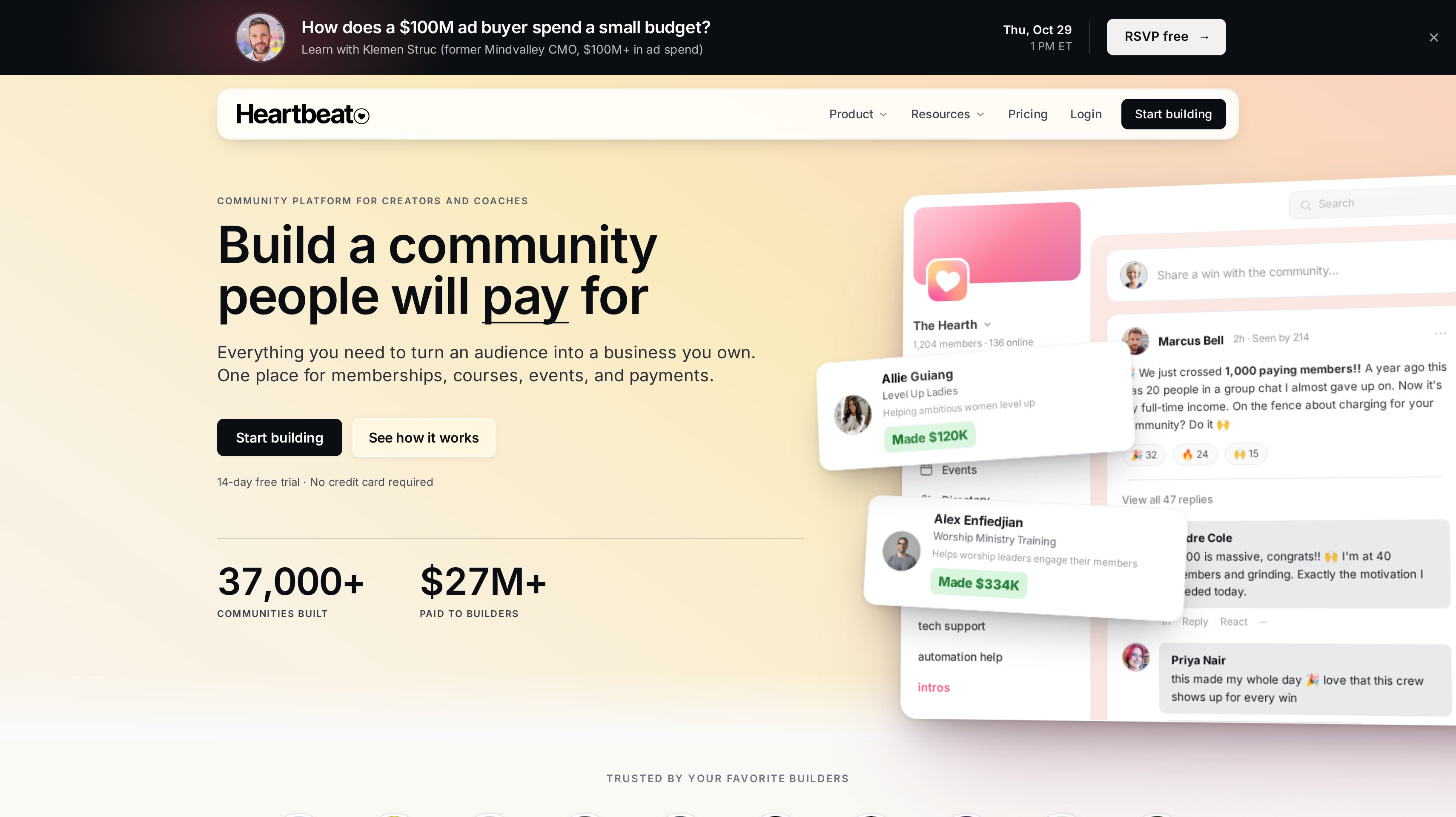 Heartbeat homepage showing its build a community people will pay for hero