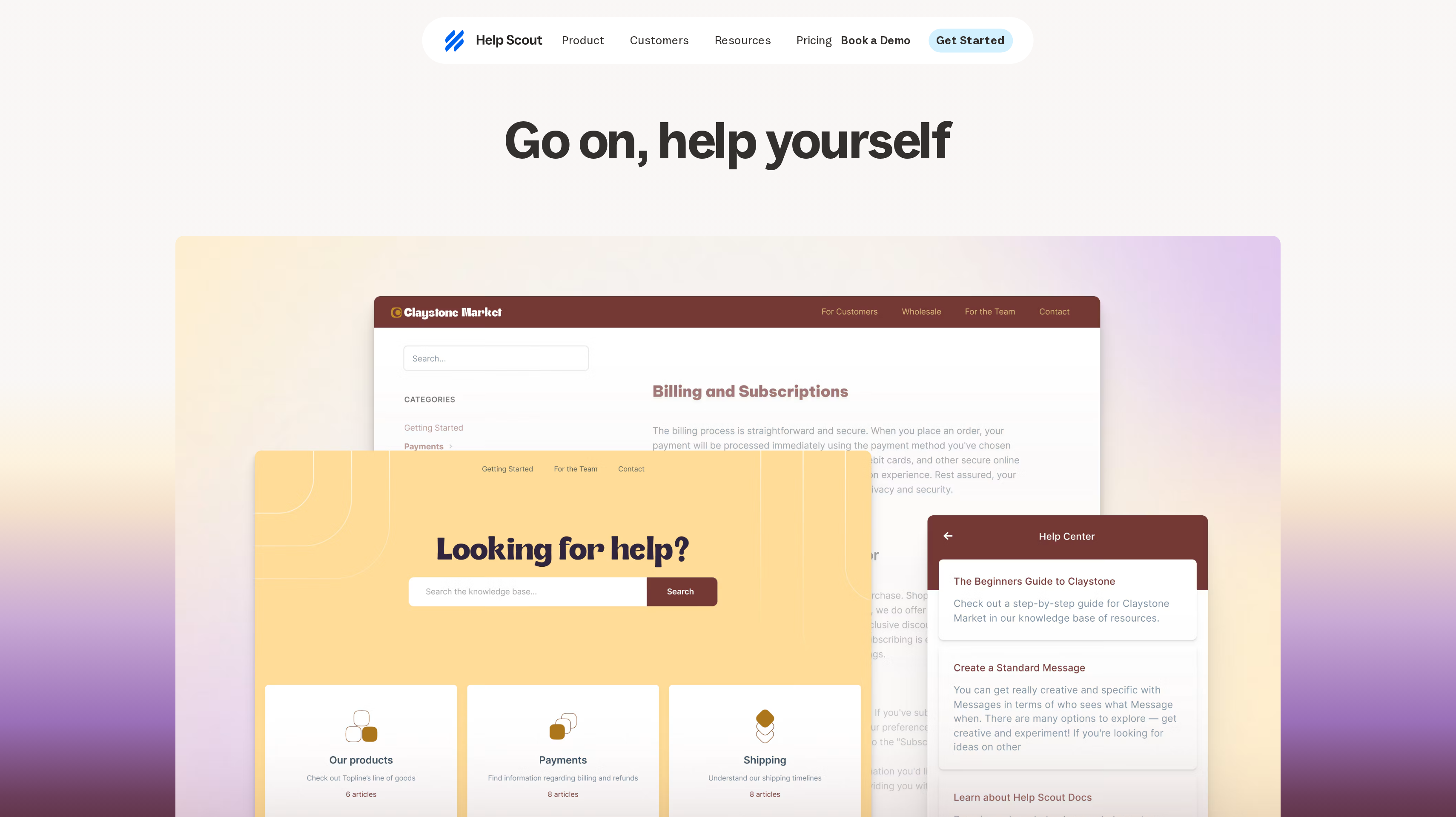 Help Scout page showing its Go on, help yourself help center hero