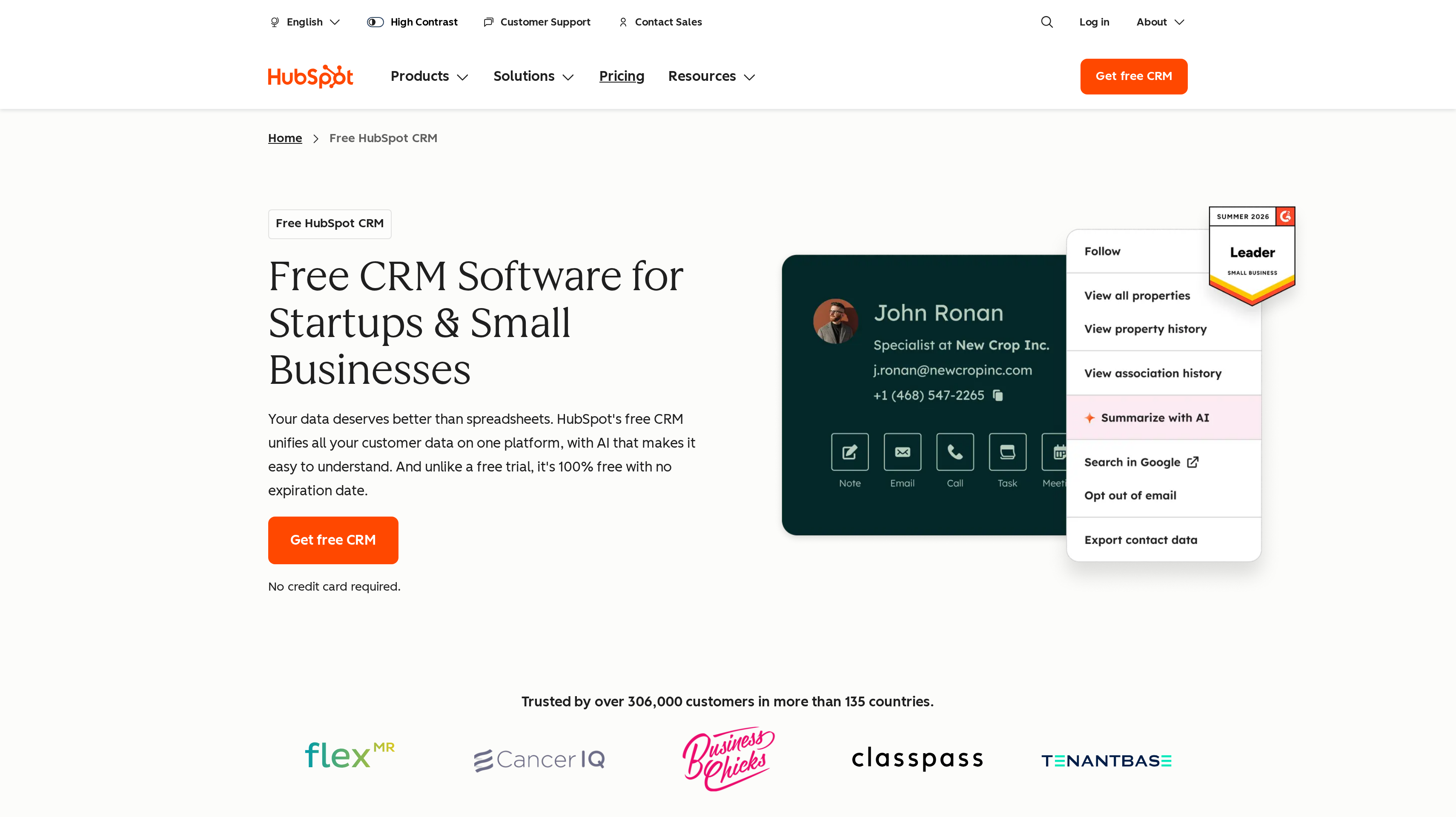 HubSpot CRM page showing its free CRM software for startups and small businesses hero