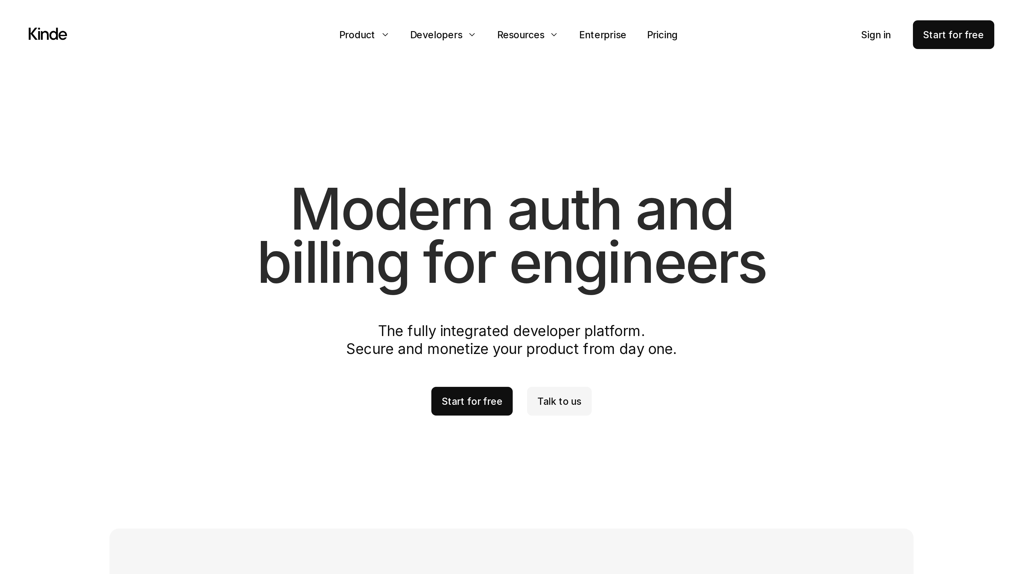 Kinde homepage showing its modern auth and billing for engineers hero