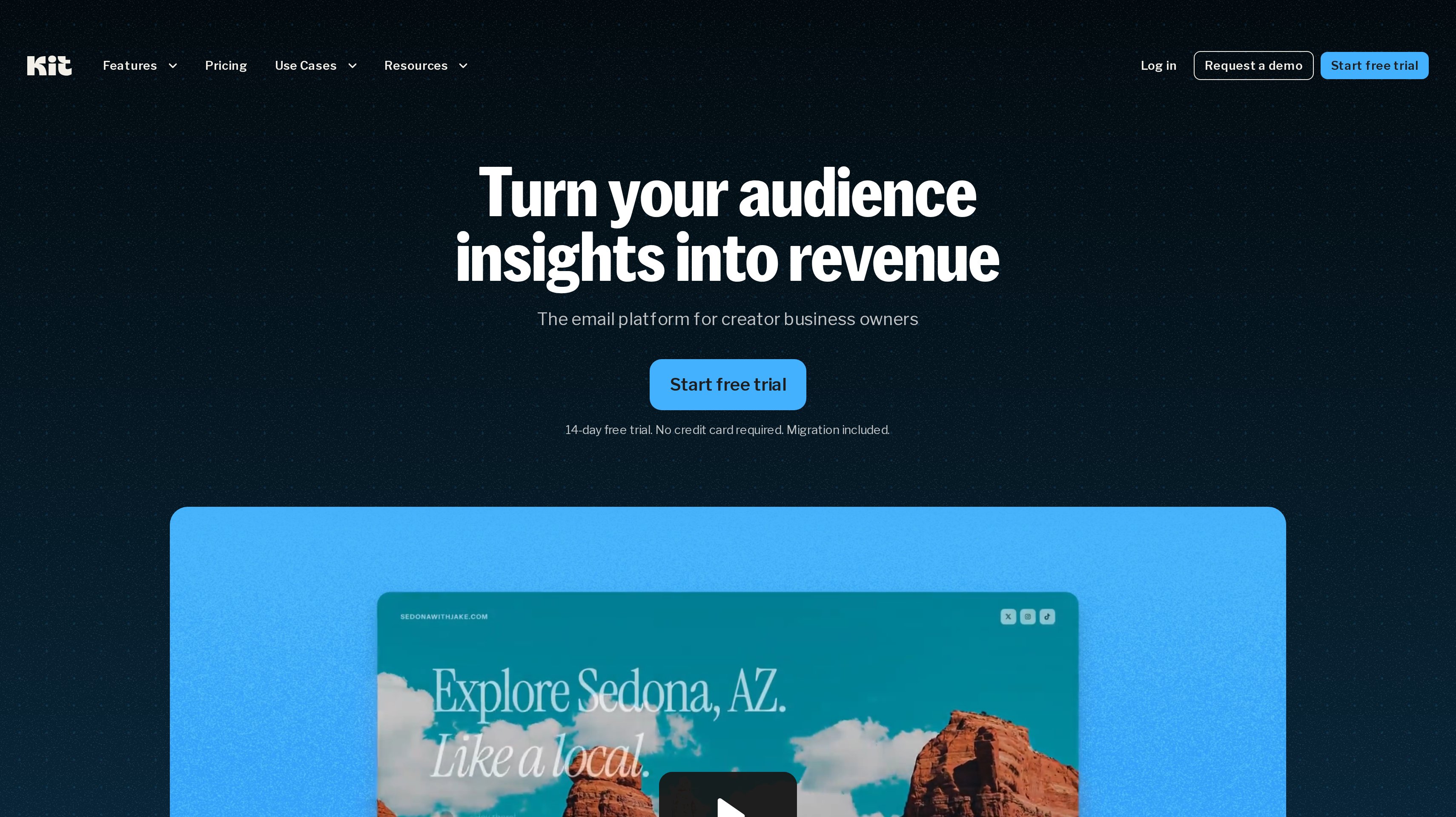 Kit homepage showing its email platform for creator businesses hero