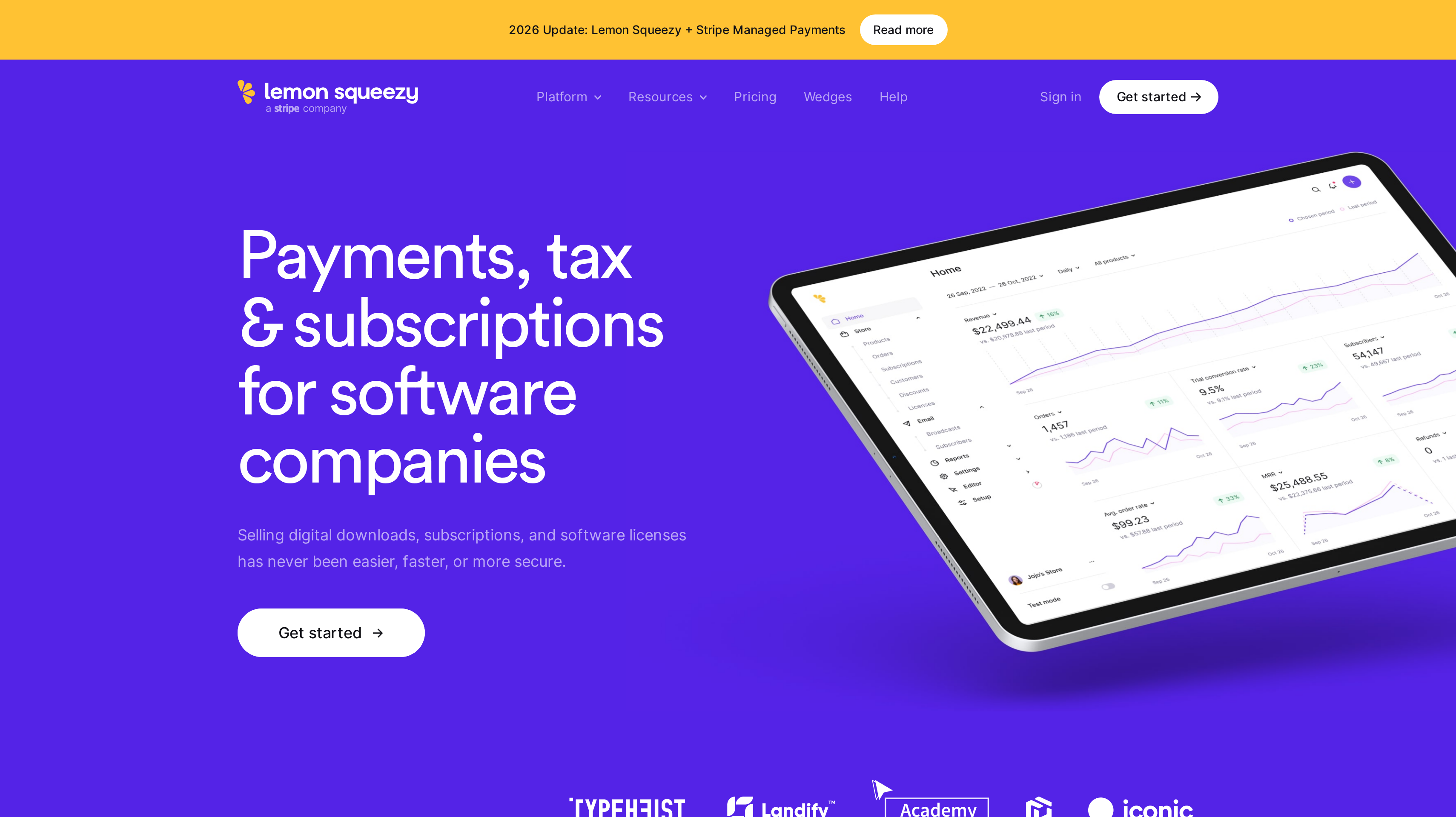Lemon Squeezy homepage showing its payments, tax and subscriptions for software companies hero and a 2026 Stripe Managed Payments update banner