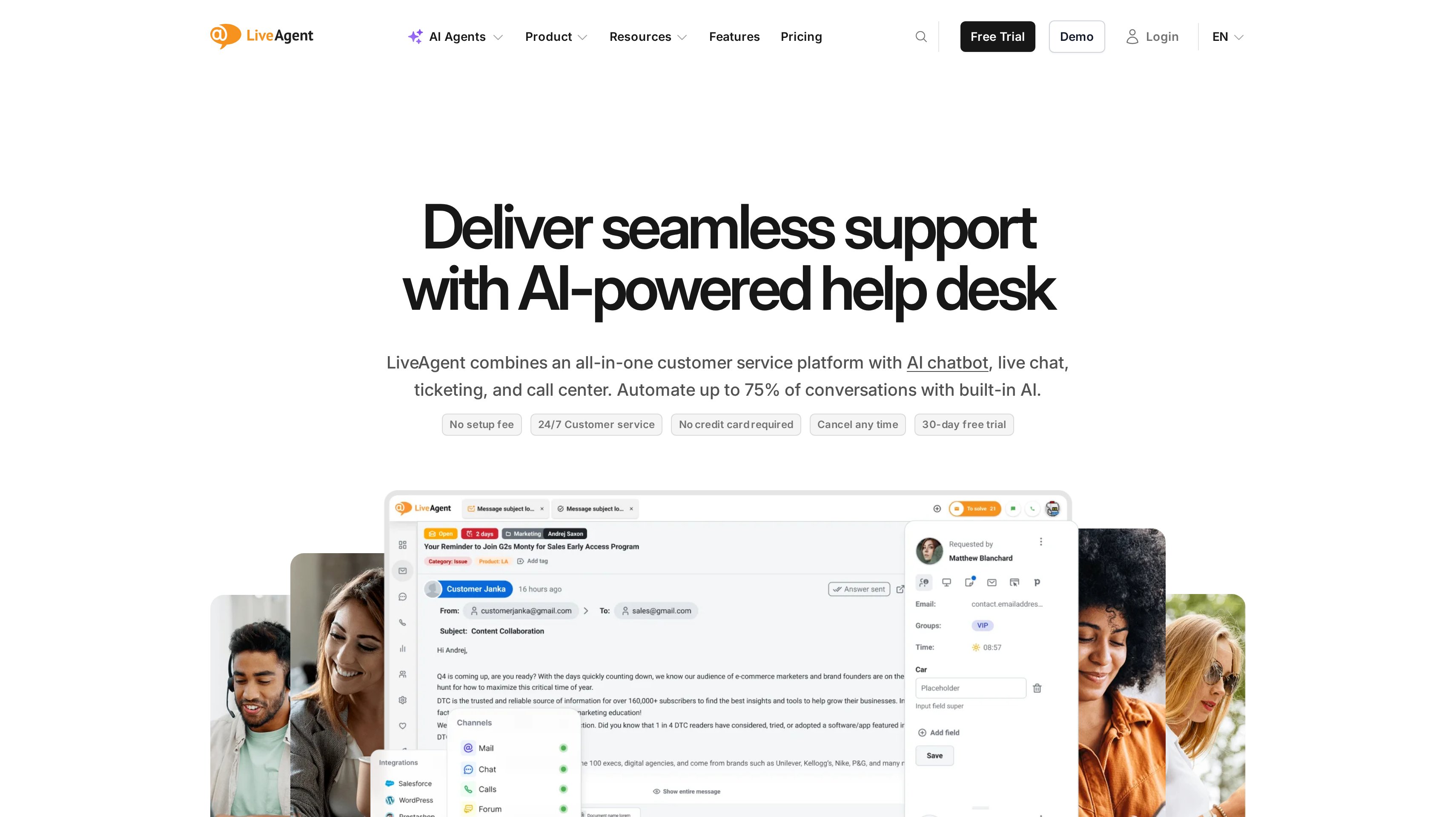 LiveAgent homepage showing its deliver seamless support with AI-powered help desk hero