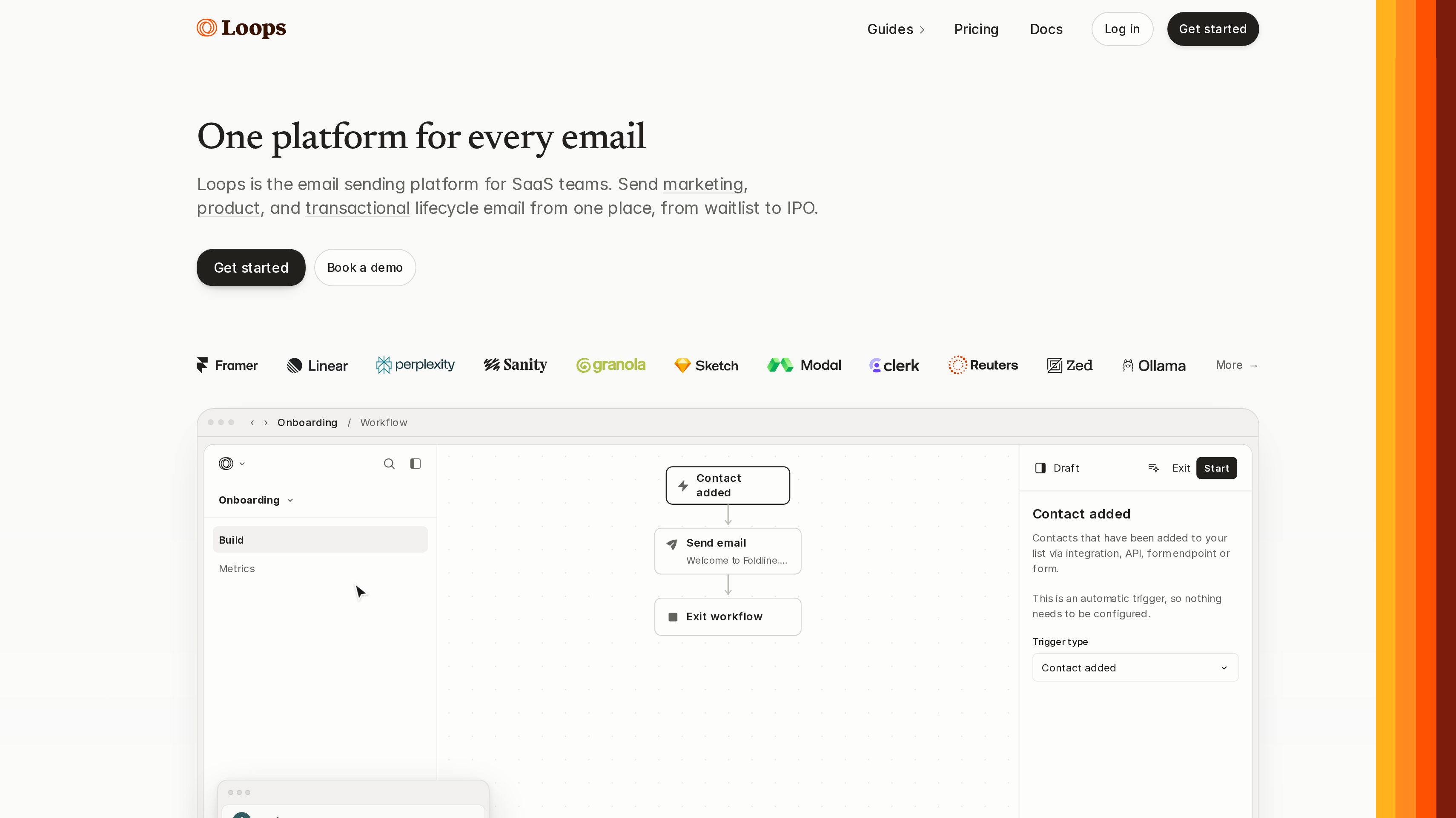 Loops homepage showing its email platform for SaaS teams and workflow builder
