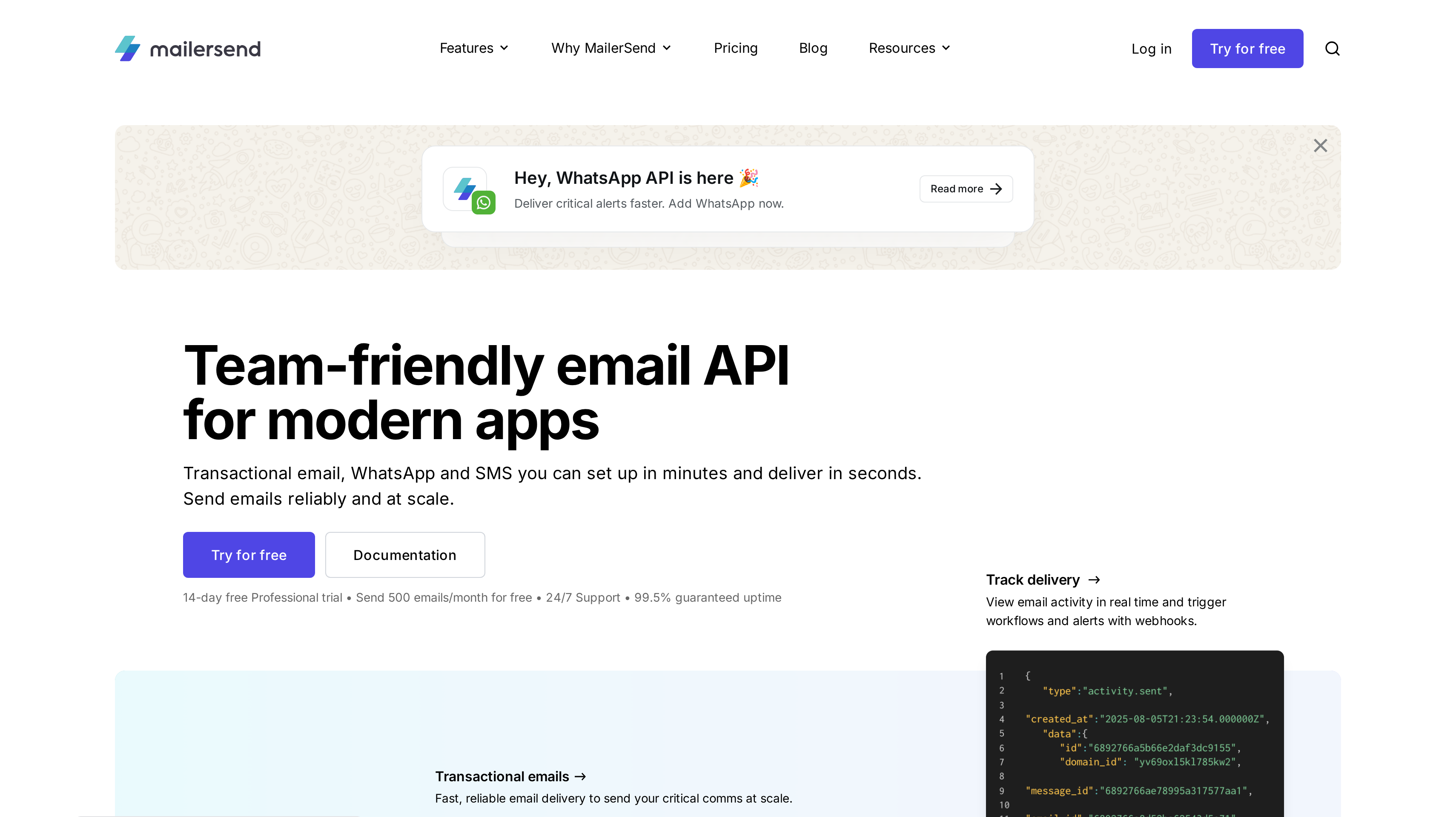MailerSend homepage showing its team-friendly email API for modern apps hero