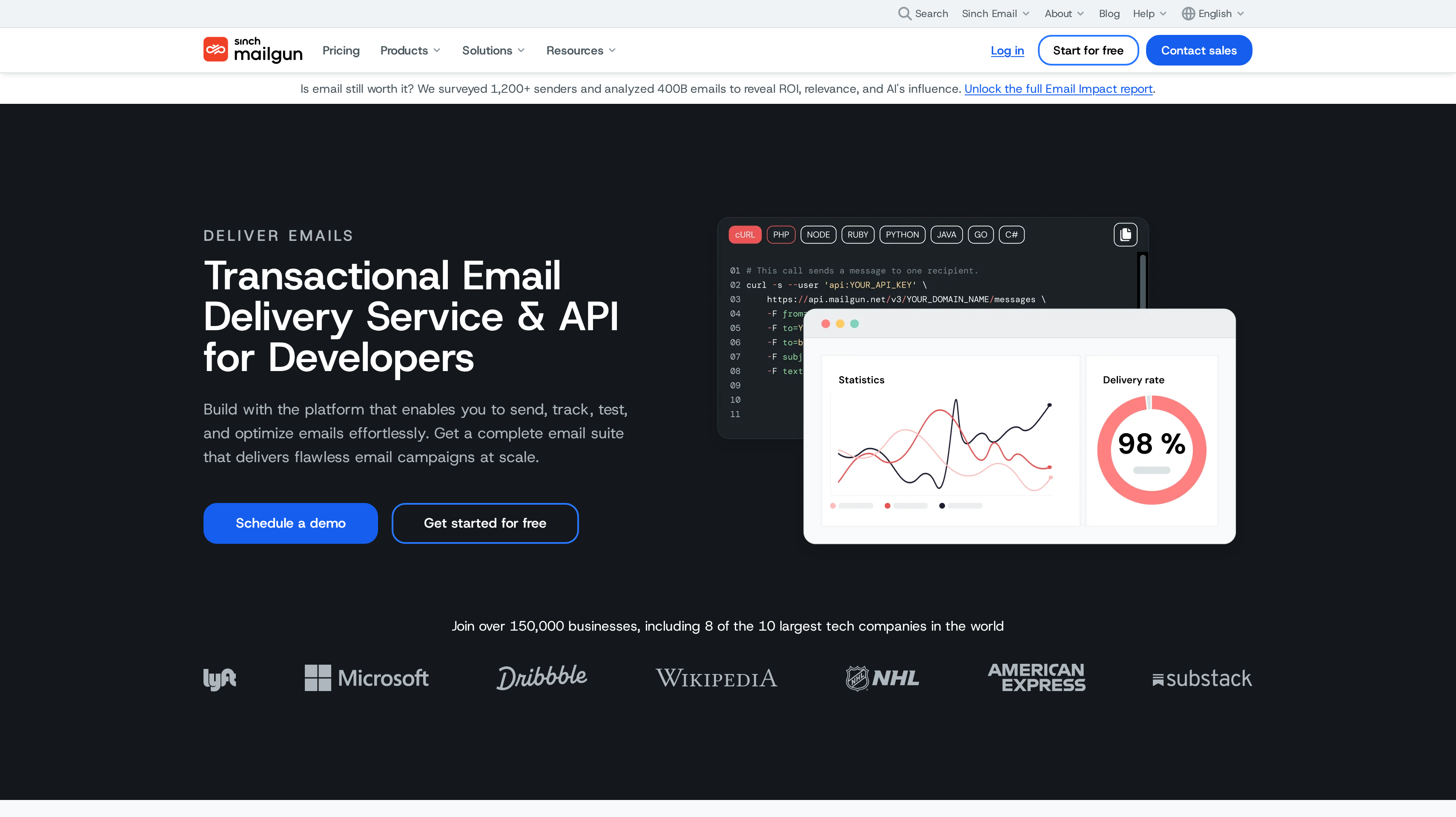 Mailgun homepage showing its transactional email delivery service and API for developers hero
