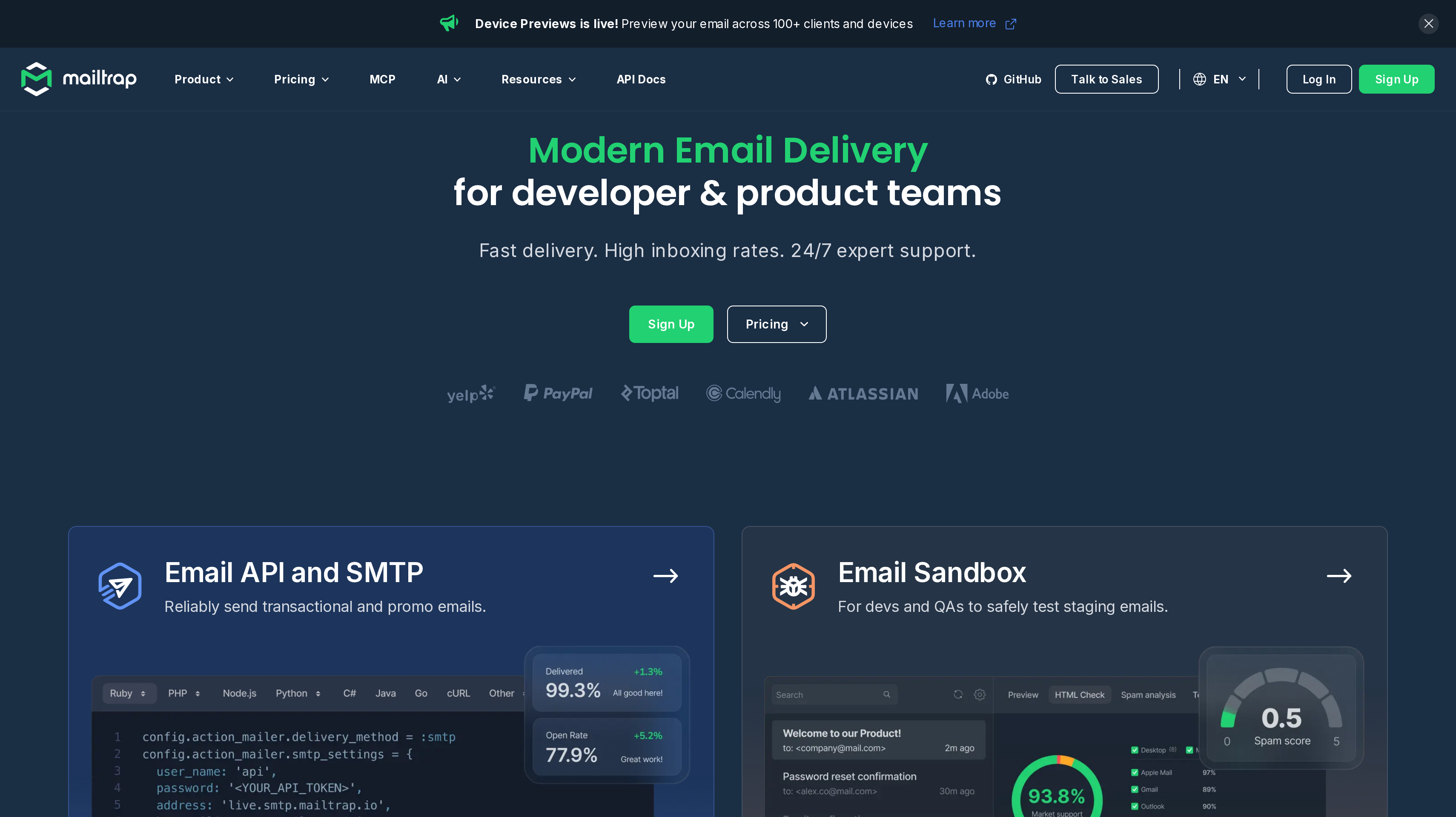 Mailtrap homepage showing its modern email delivery for developer and product teams hero