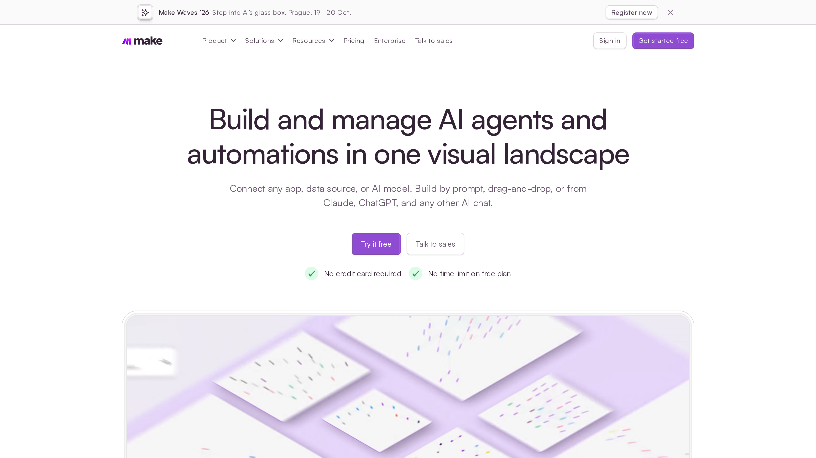 Make homepage showing its visual automation and AI agents hero