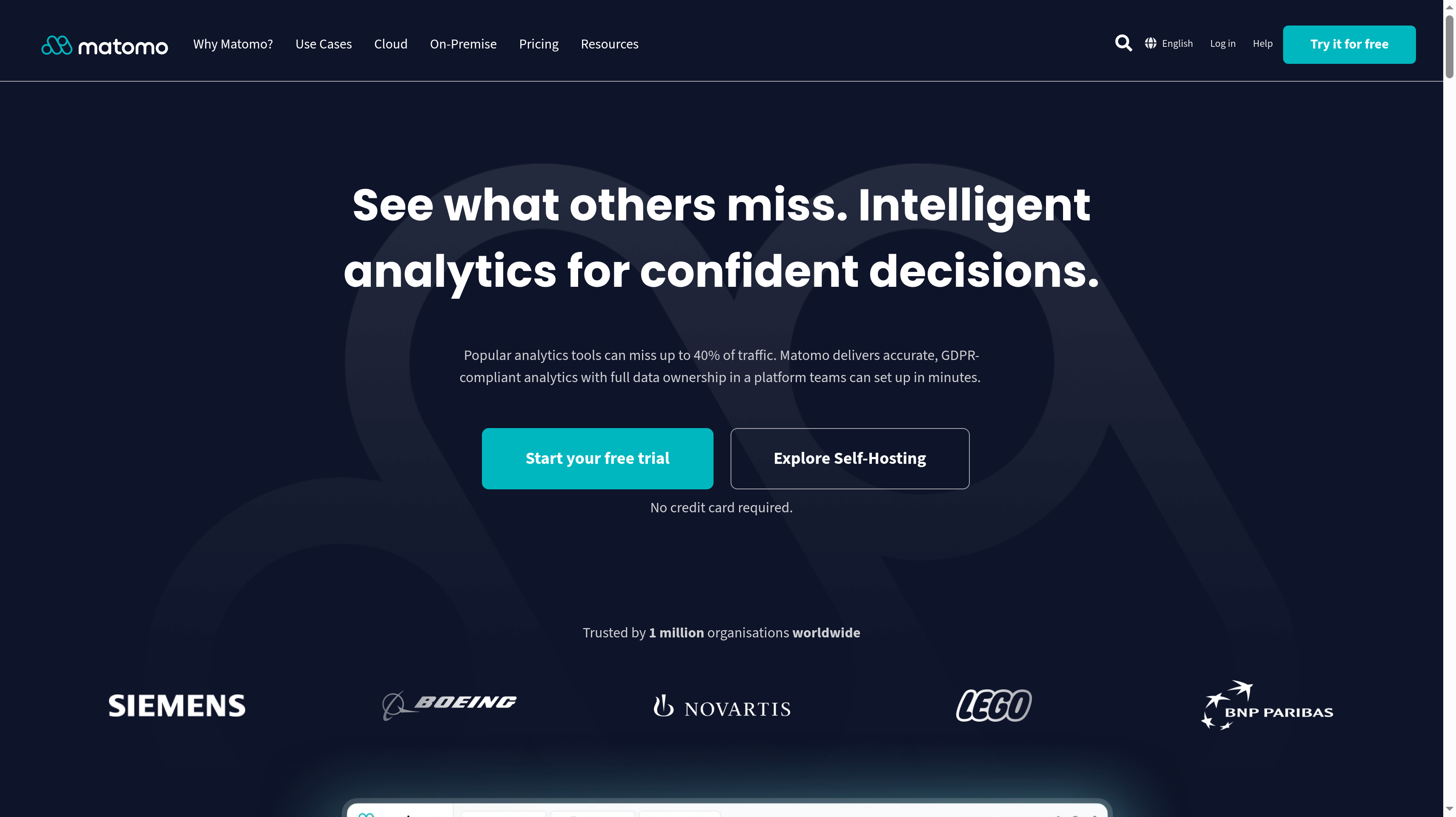Matomo homepage showing its intelligent analytics for confident decisions hero