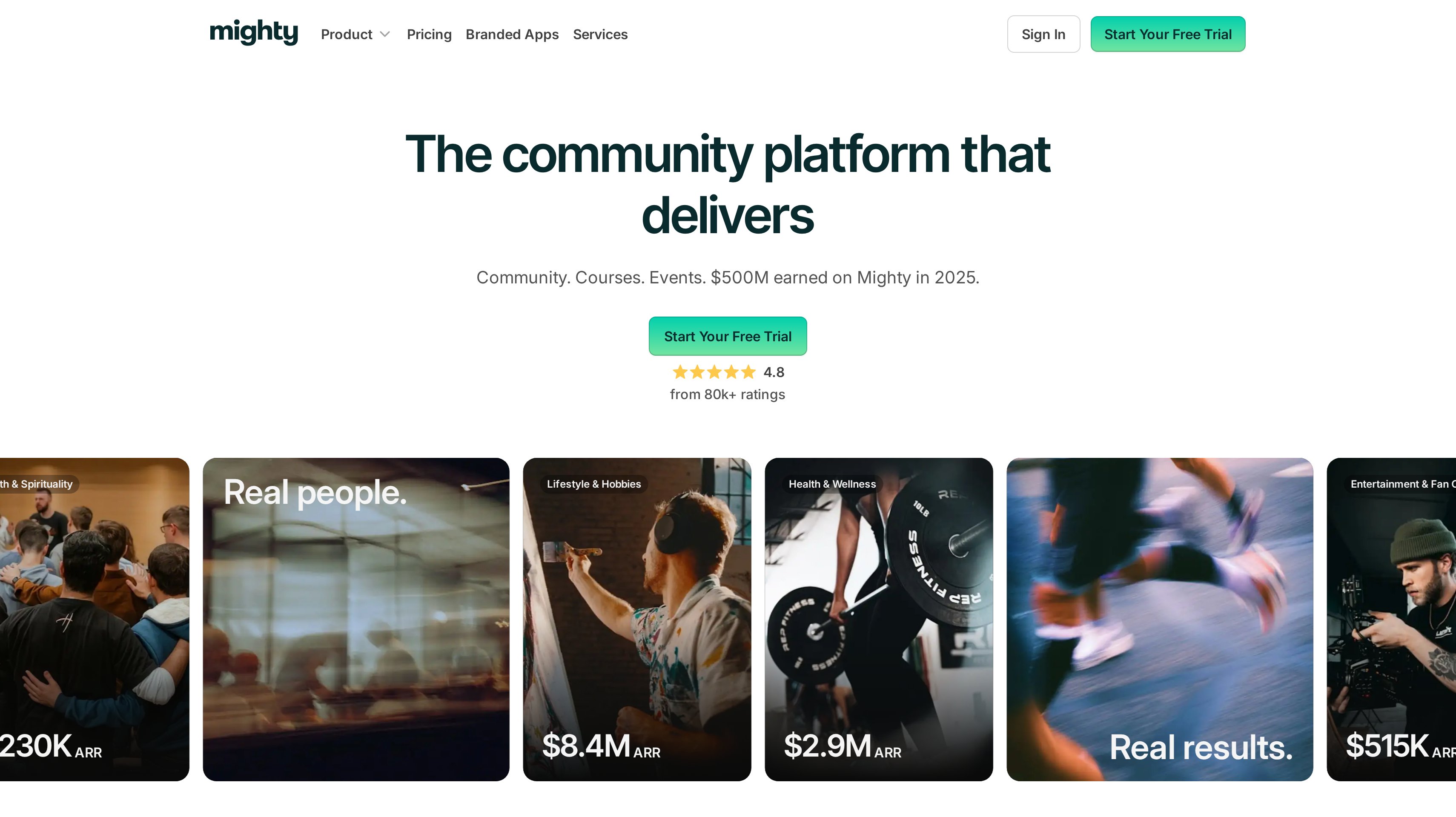 Mighty Networks homepage showing its community platform that delivers hero