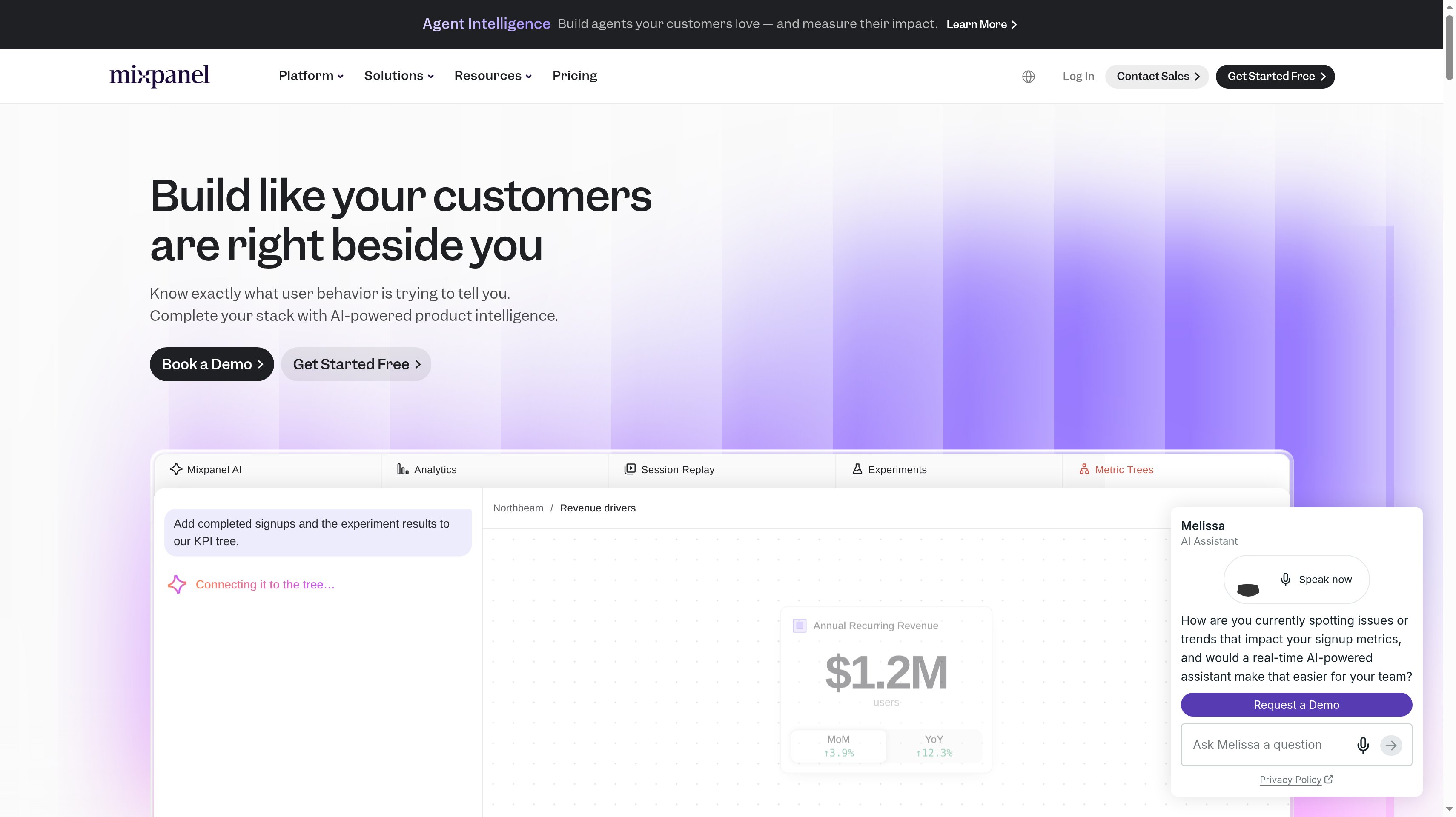 Mixpanel homepage showing its build like your customers are right beside you hero