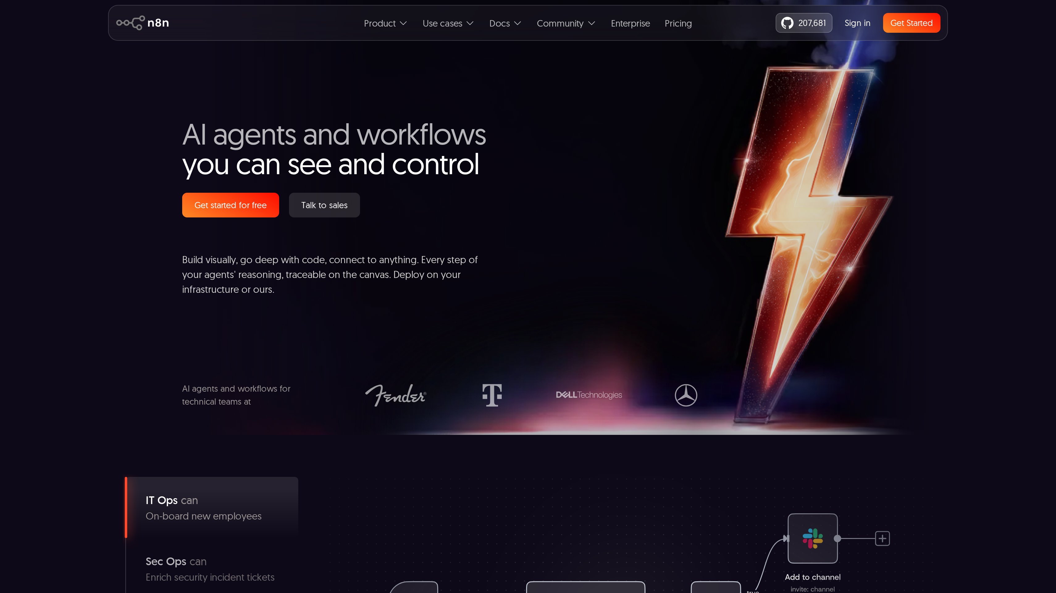 n8n homepage showing its AI agents and workflows hero