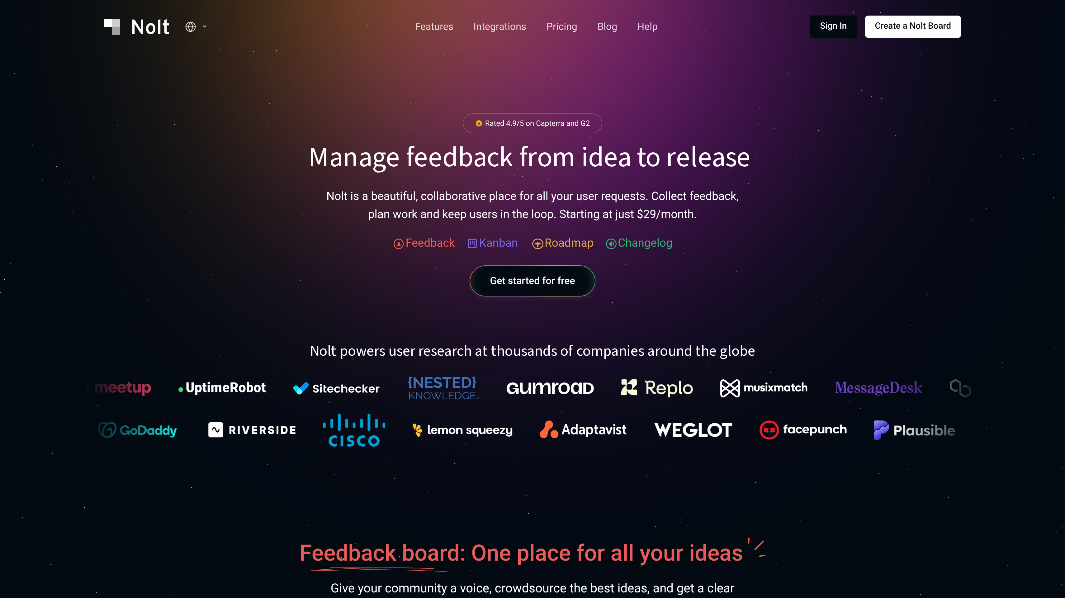 Nolt homepage showing its manage feedback from idea to release hero