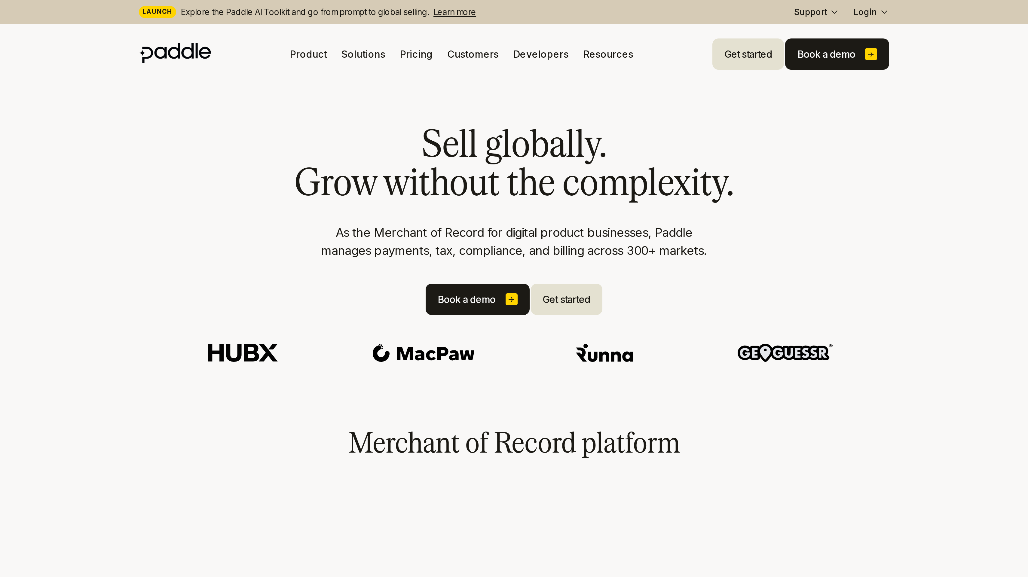 Paddle homepage showing its sell globally and grow without the complexity hero