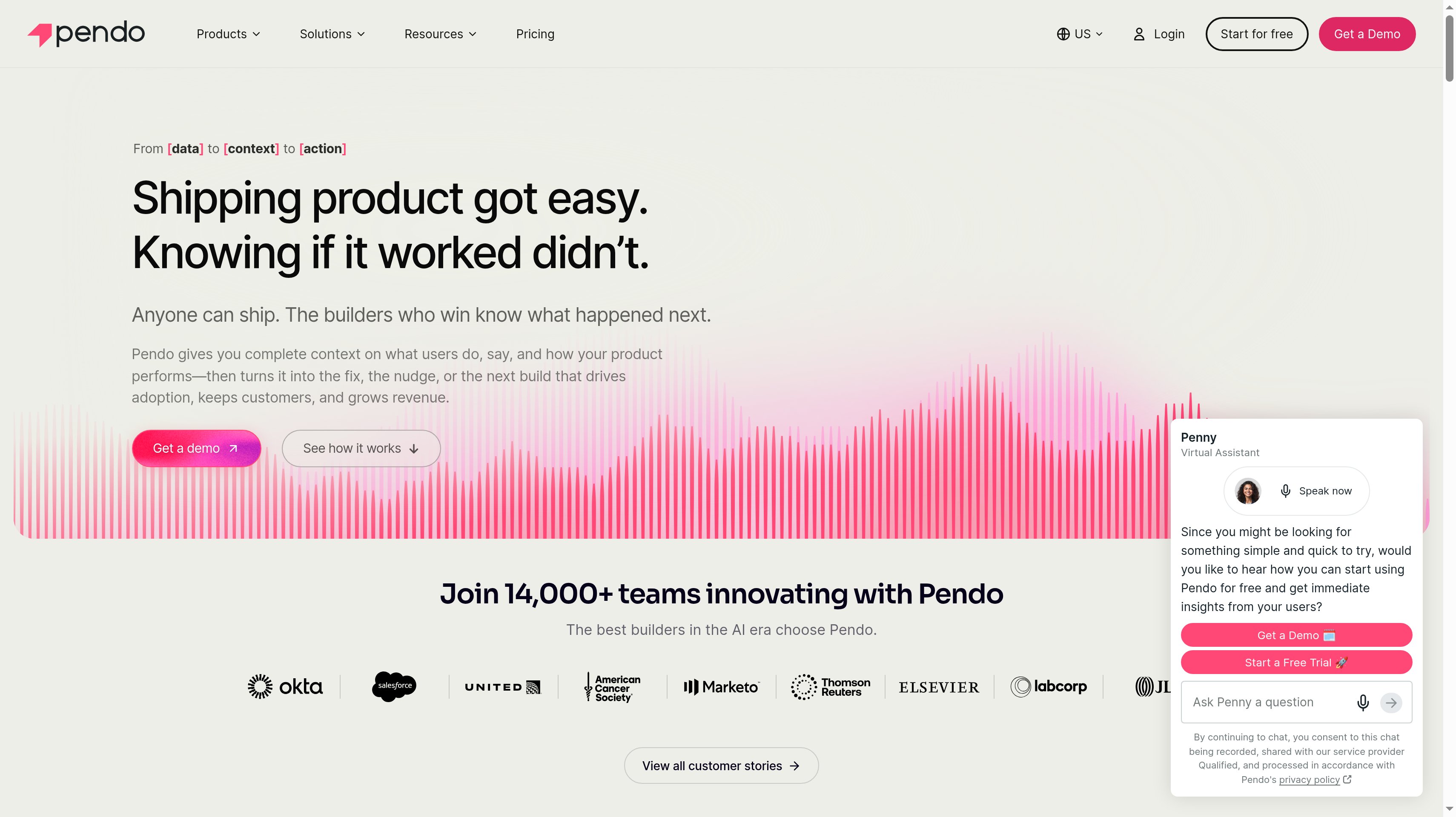 Pendo homepage showing its shipping product got easy hero