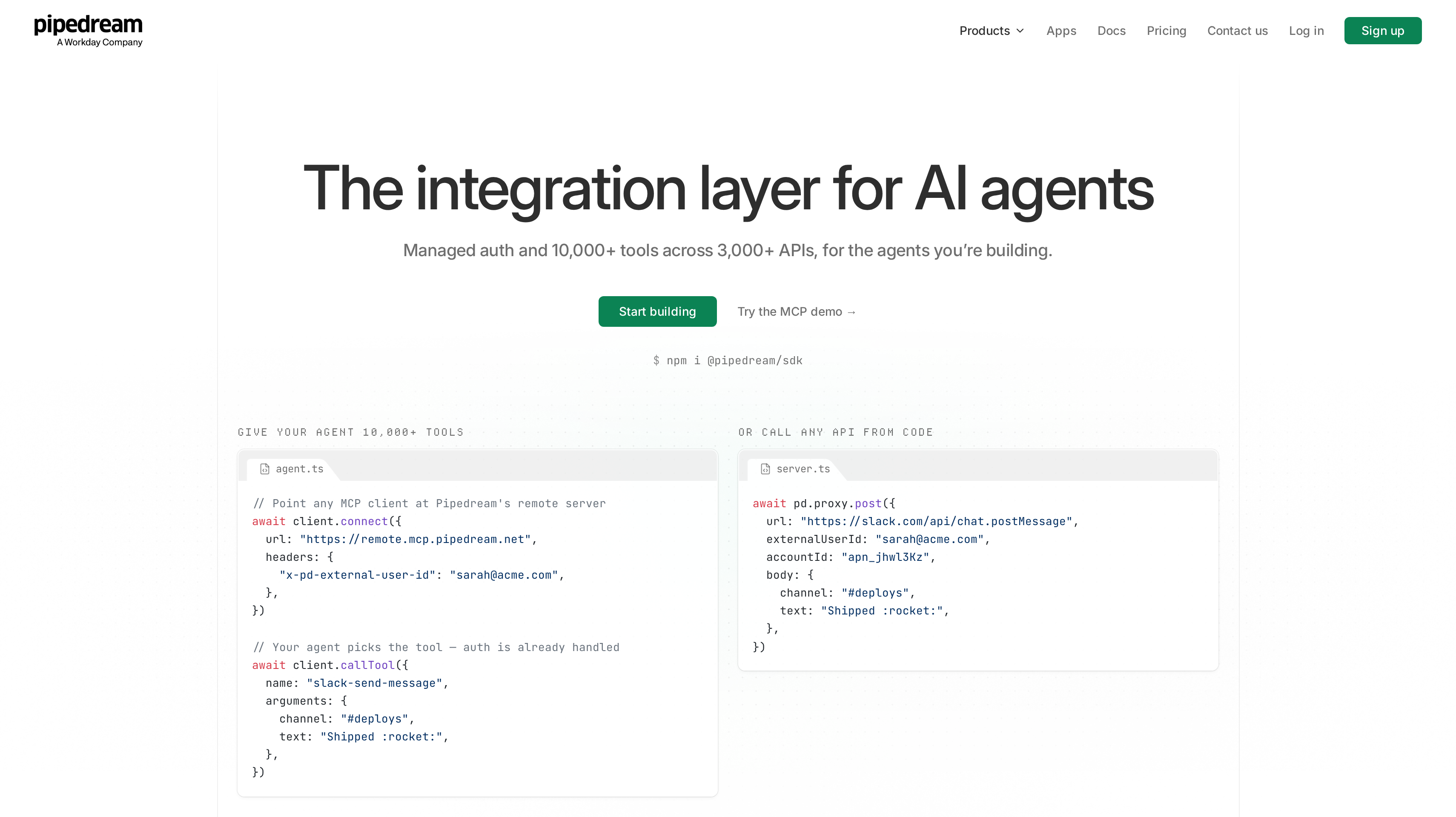 Pipedream homepage showing its integration layer for AI agents with code samples