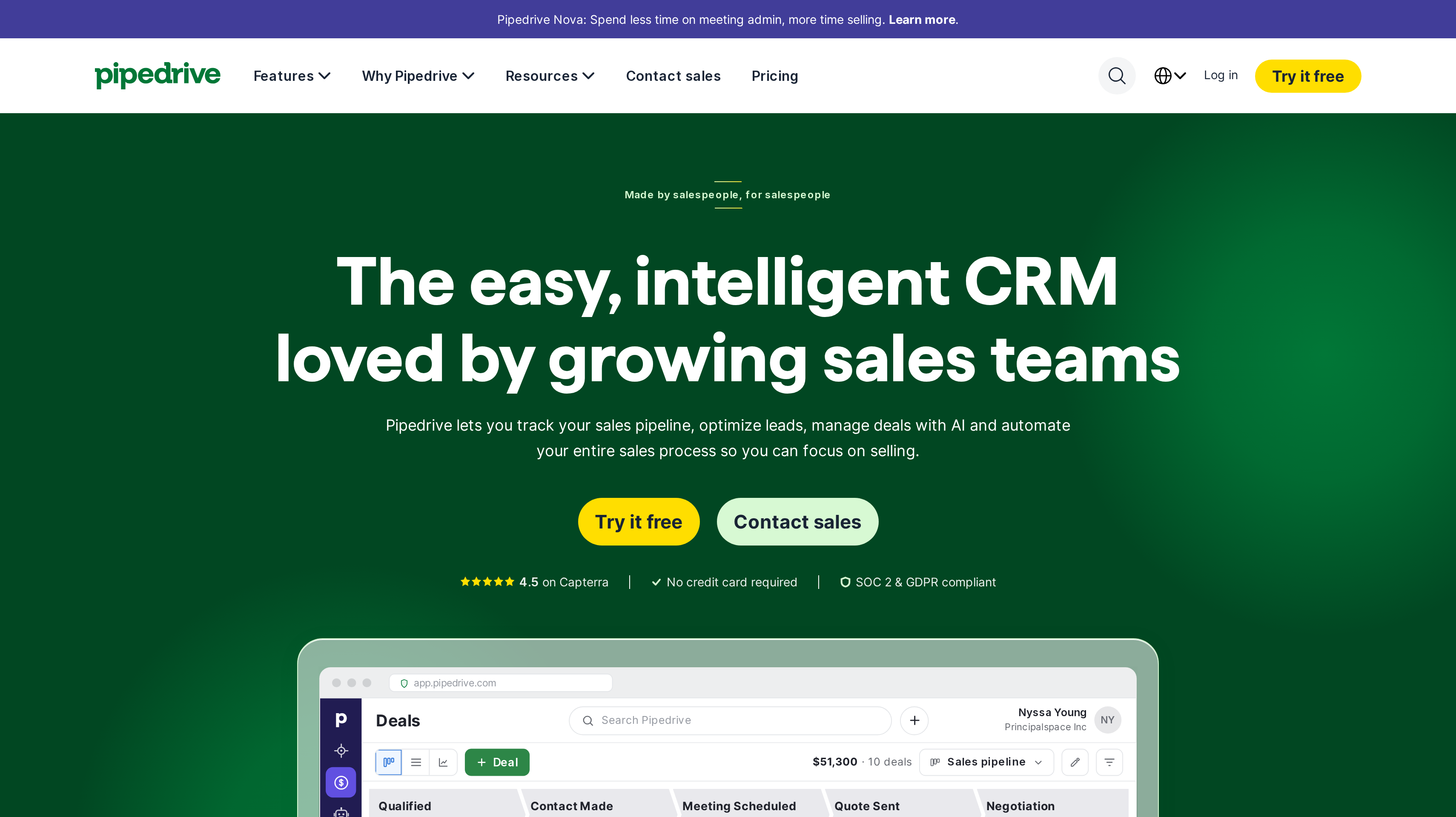 Pipedrive homepage showing its easy, intelligent CRM loved by growing sales teams hero