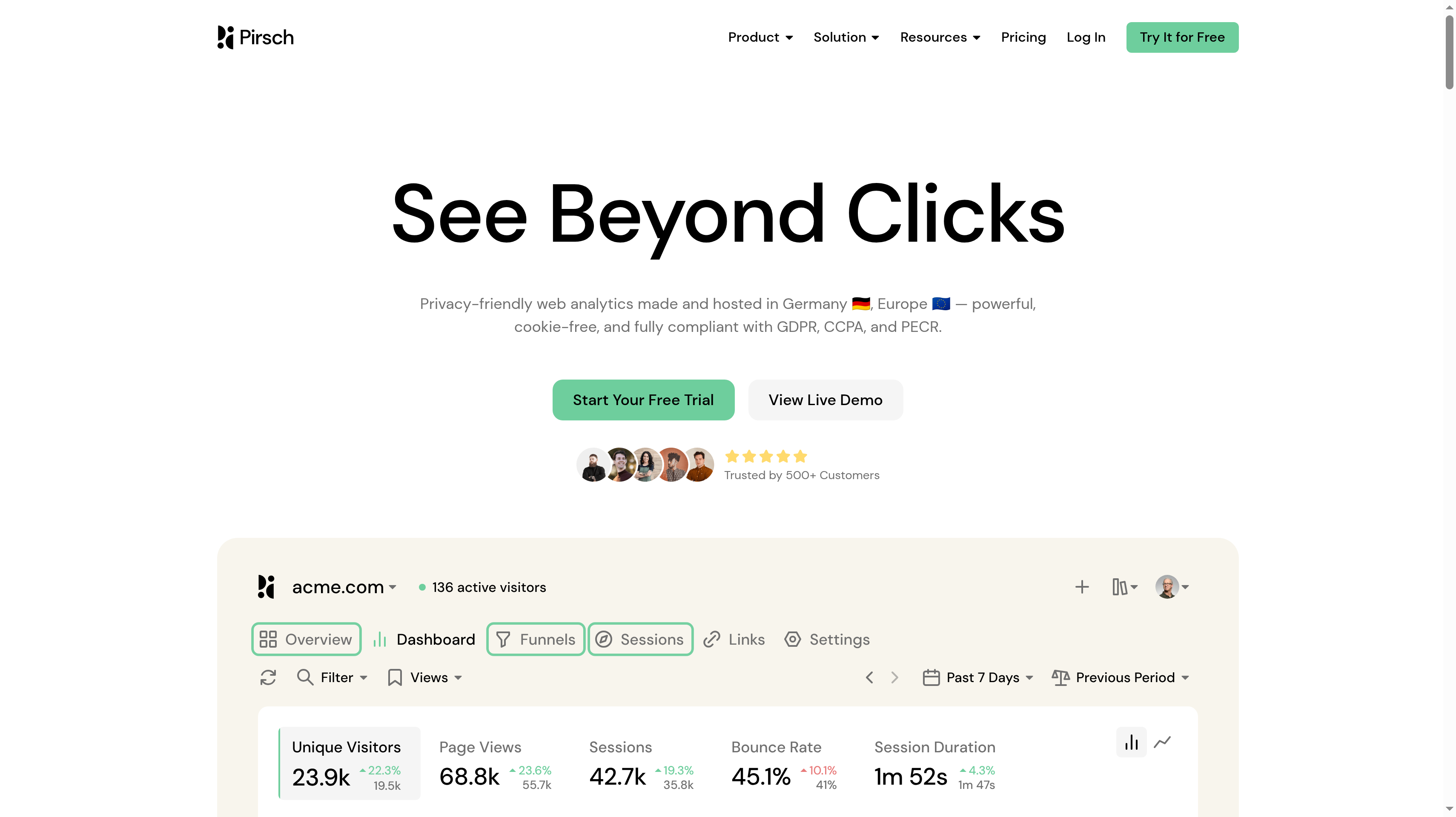 Pirsch homepage showing its see beyond clicks privacy-friendly analytics dashboard